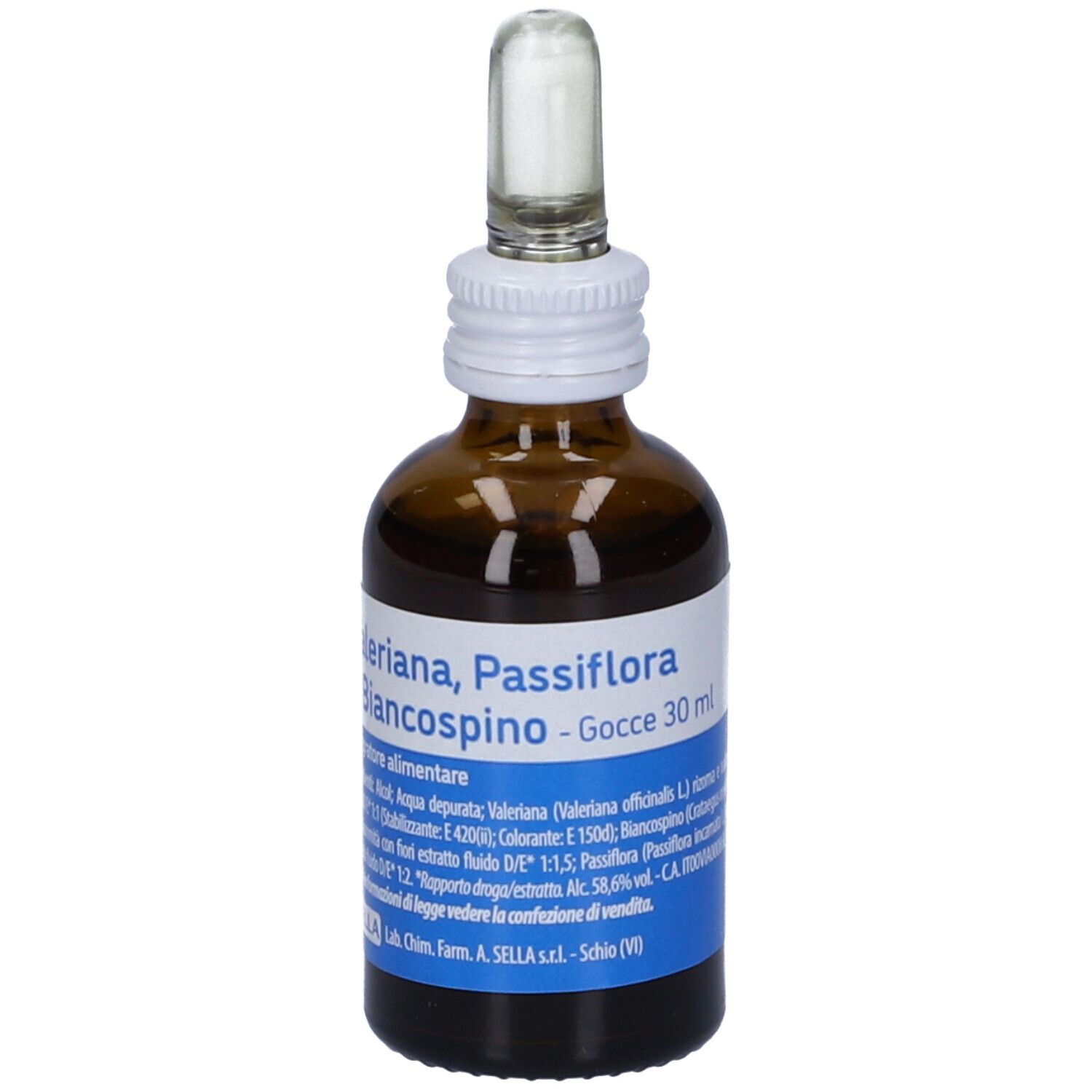 Braune Glasflasche mit Tropfer. Beschriftung: Valeriana, Passiflora e Biancospino - Gocce 30 ml. Weiße und blaue Etiketten.