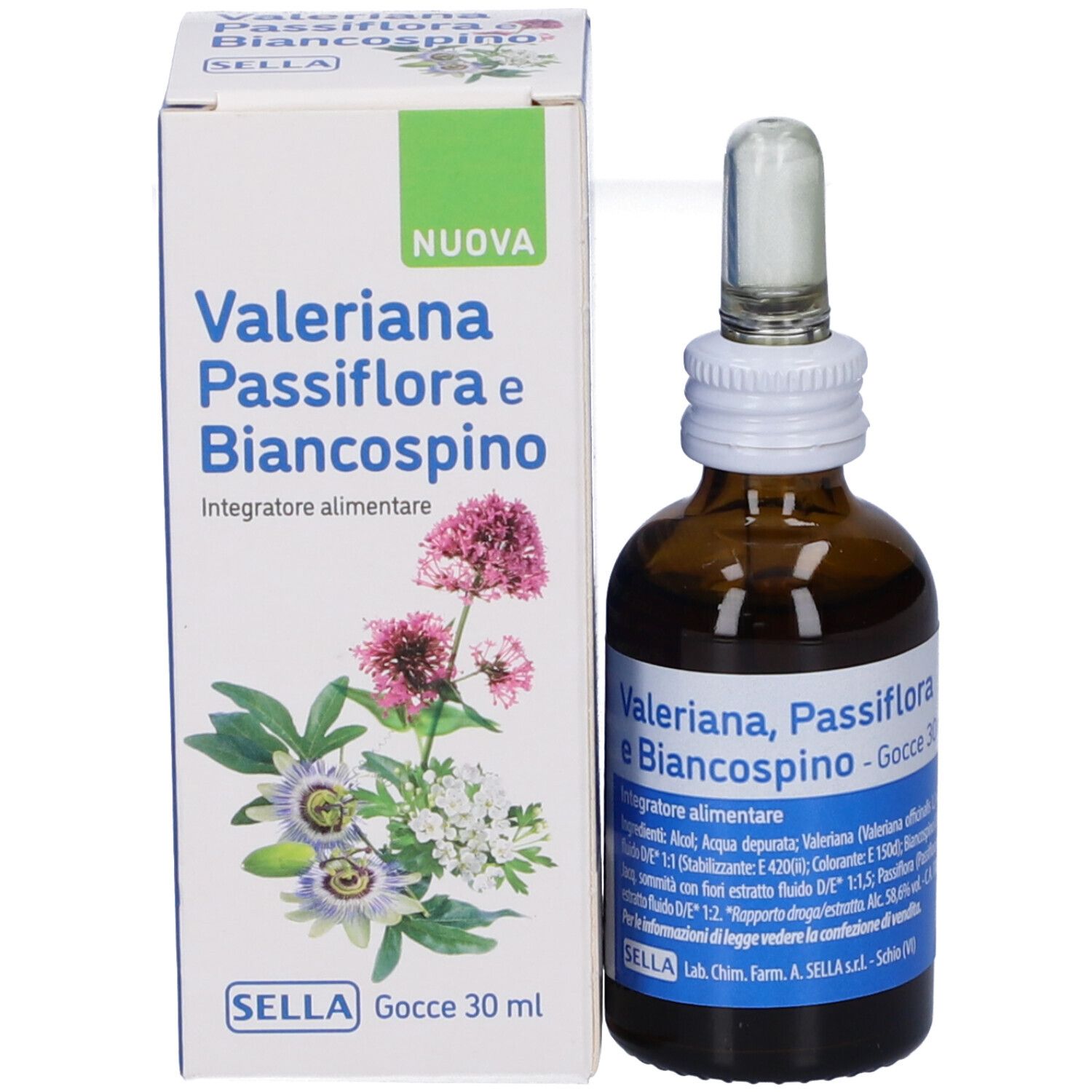 Produktverpackung und Flasche. Auf der Verpackung: Valeriana Passiflora e Biancospino. Flasche mit Tropfer.