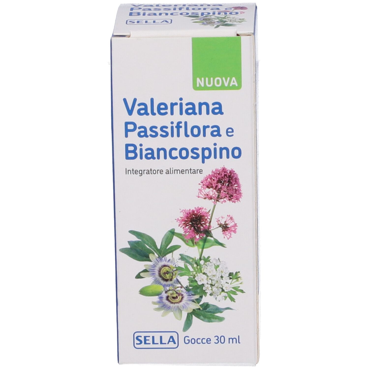 Produktverpackung. Auf der Verpackung: Valeriana Passiflora e Biancospino. Grüne und weiße Verpackung.