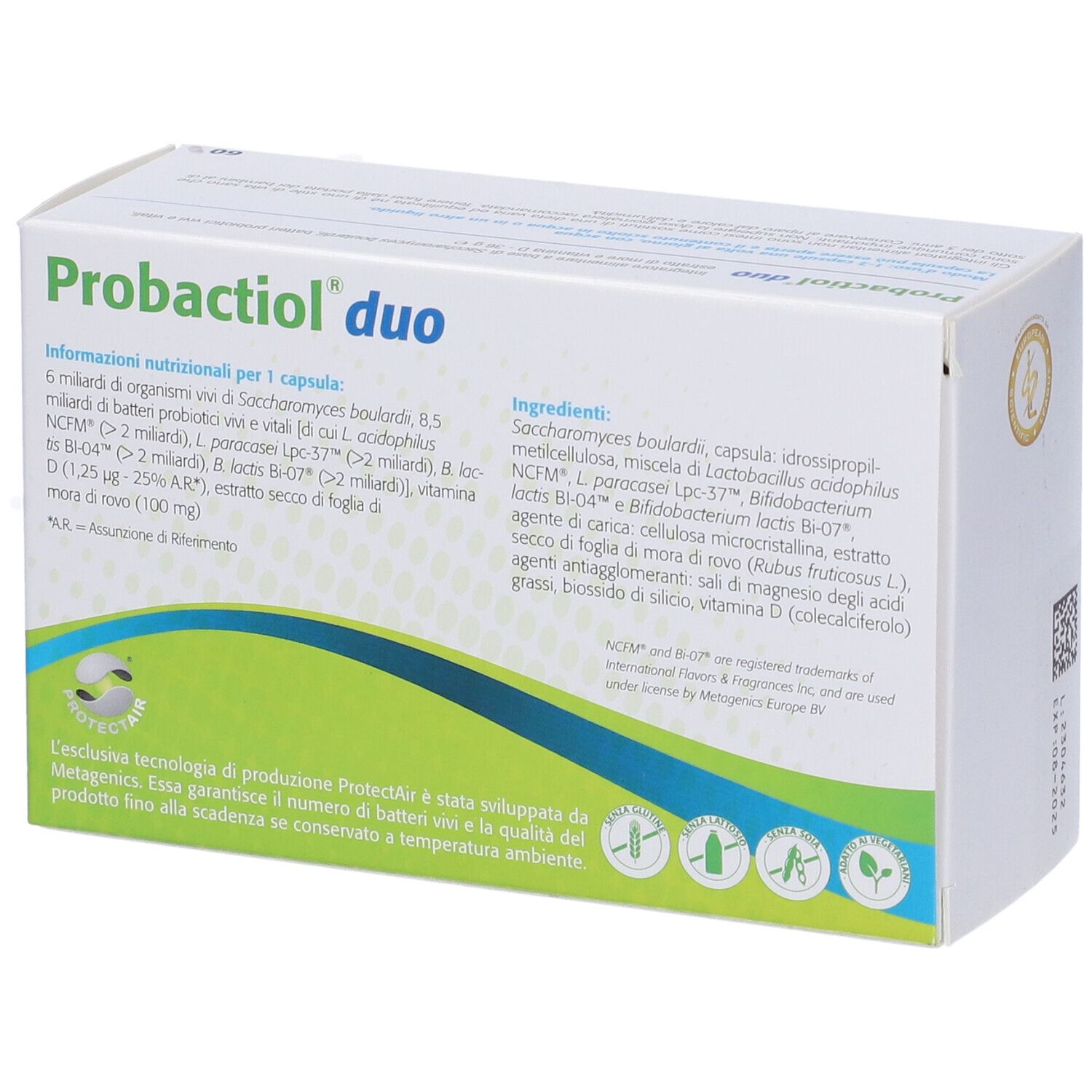Rückseite der Probactiol duo Verpackung. Enthält Informationen zu Inhaltsstoffen und Nährwerten. Weißer Karton mit grünem und blauem Design.