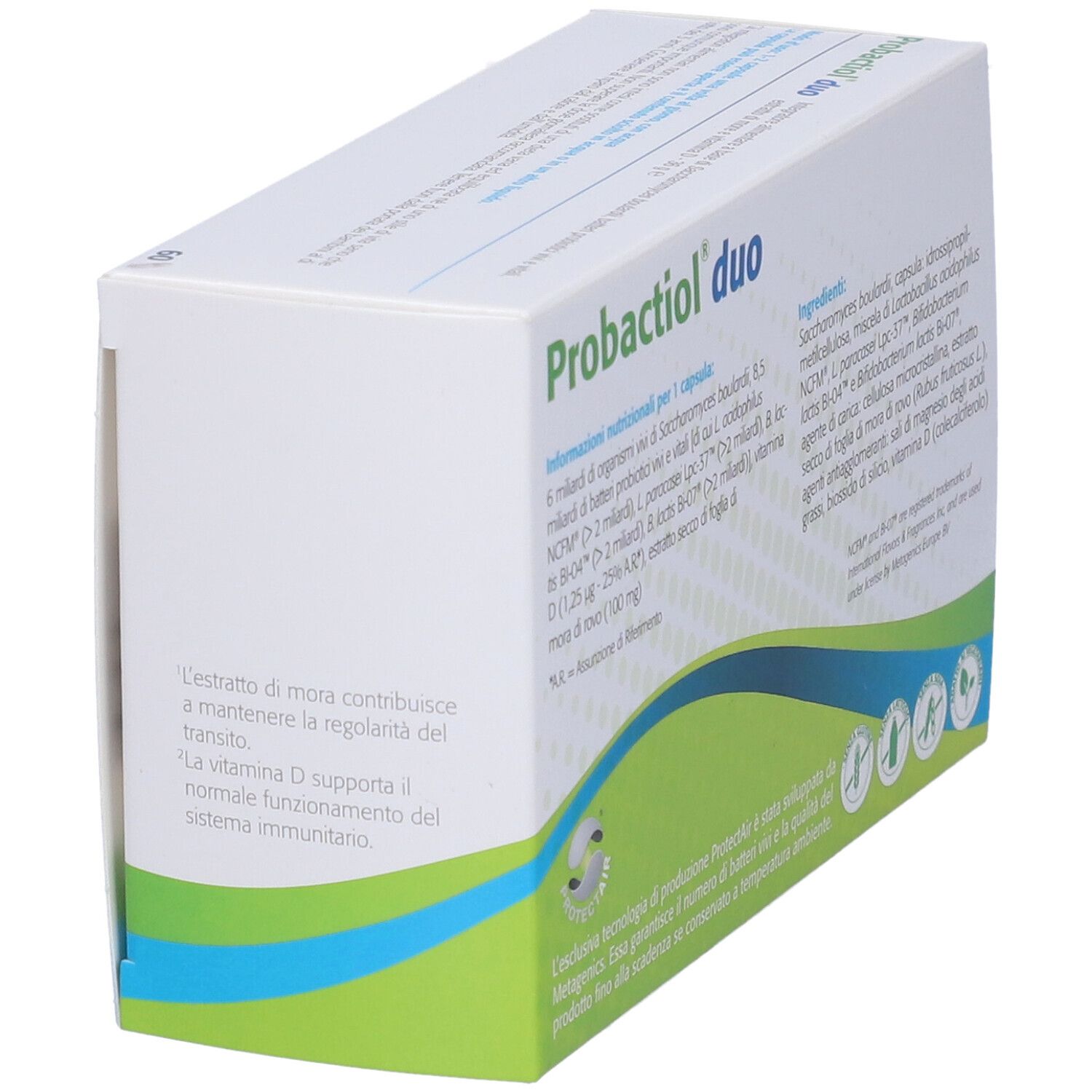 Schrägansicht der Probactiol duo Verpackung. Enthält Informationen zu Inhaltsstoffen und Nährwerten. Weißer Karton mit grünem und blauem Design.