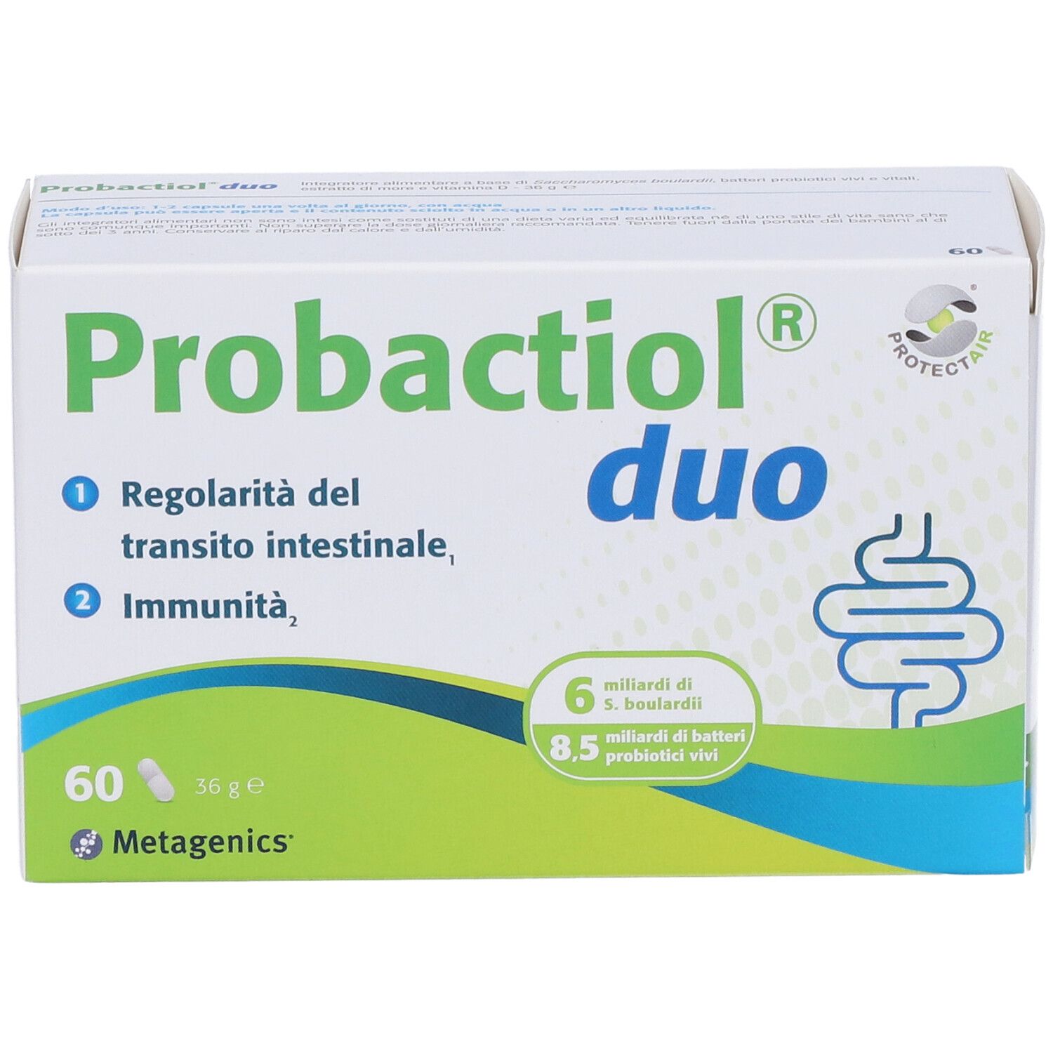 Verpackung von Probactiol duo. Weißer Karton mit grünem und blauem Design. Enthält 60 Kapseln. Marke und Produktname deutlich sichtbar.
