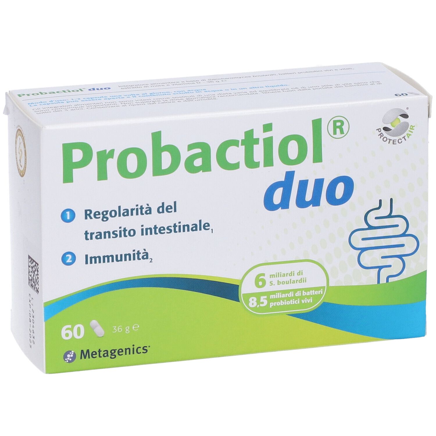 Verpackung von Probactiol duo. Weißer Karton mit grünem und blauem Design. Enthält 60 Kapseln. Marke und Produktname deutlich sichtbar.