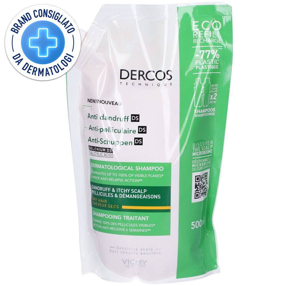 Ricarica shampoo. Sacchetto bianco con stampa verde. Testo: Dercos, Anti-forfora, Eco-Ricarica, 500ml. Logo: Brand Consigliato da Dermatologi.