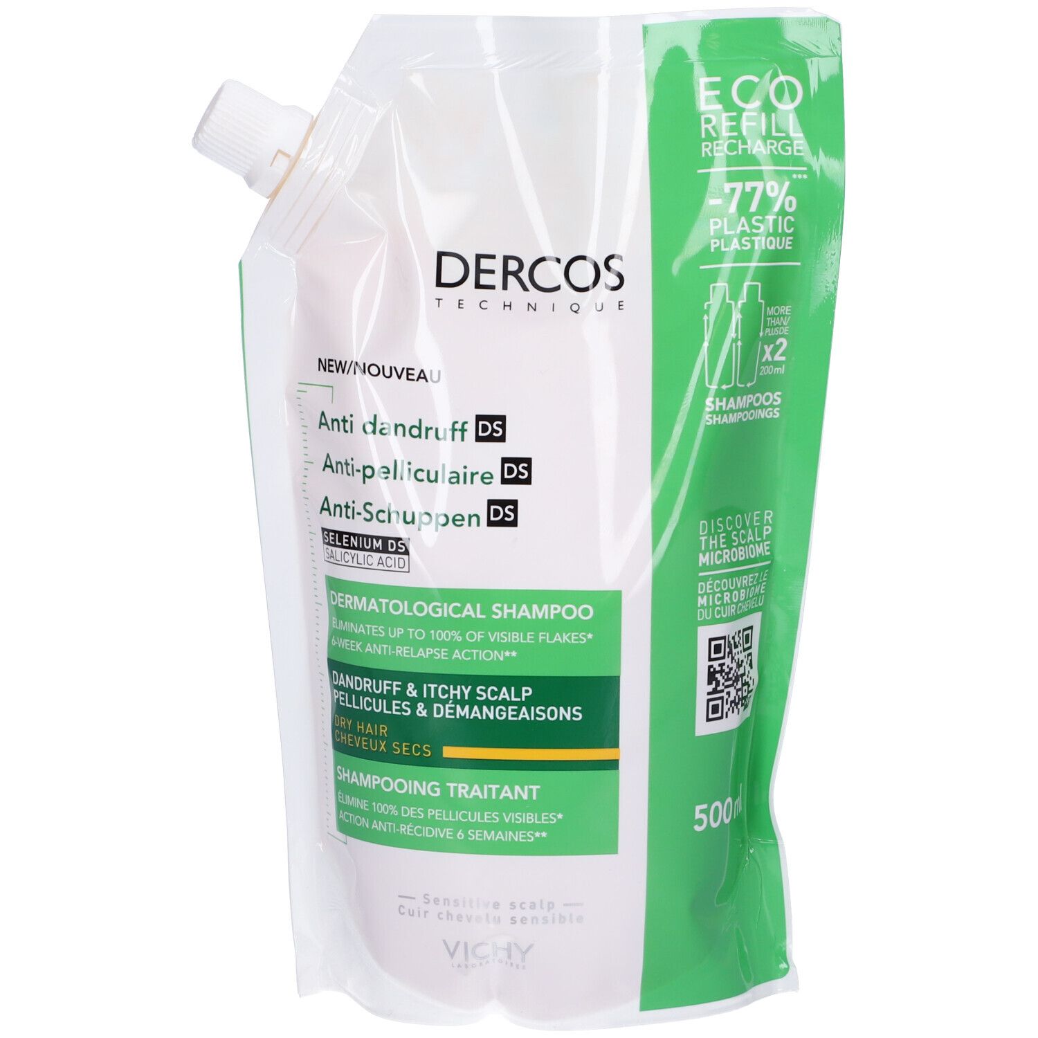 Ricarica shampoo. Sacchetto bianco con stampa verde. Testo: Dercos, Anti-forfora, Eco-Ricarica, 500ml. Con beccuccio bianco.