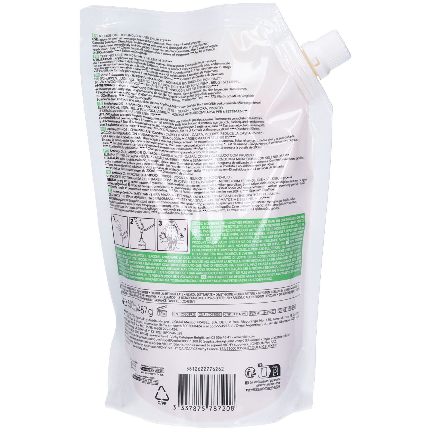 Retro della ricarica shampoo. Sacchetto bianco con stampa verde. Testo e istruzioni multilingue. Codice a barre e simboli di riciclaggio.