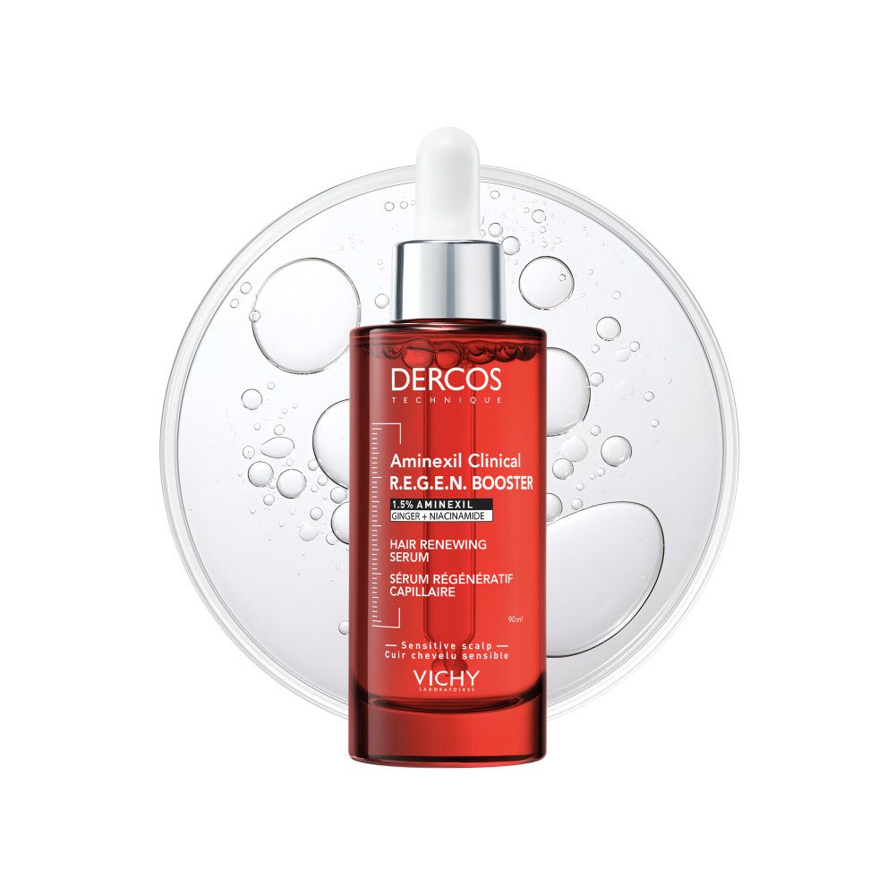 Rote Glasflasche mit Pipette: Dercos Aminixil Clinical R.E.G.E.N. Booster Haarserum.