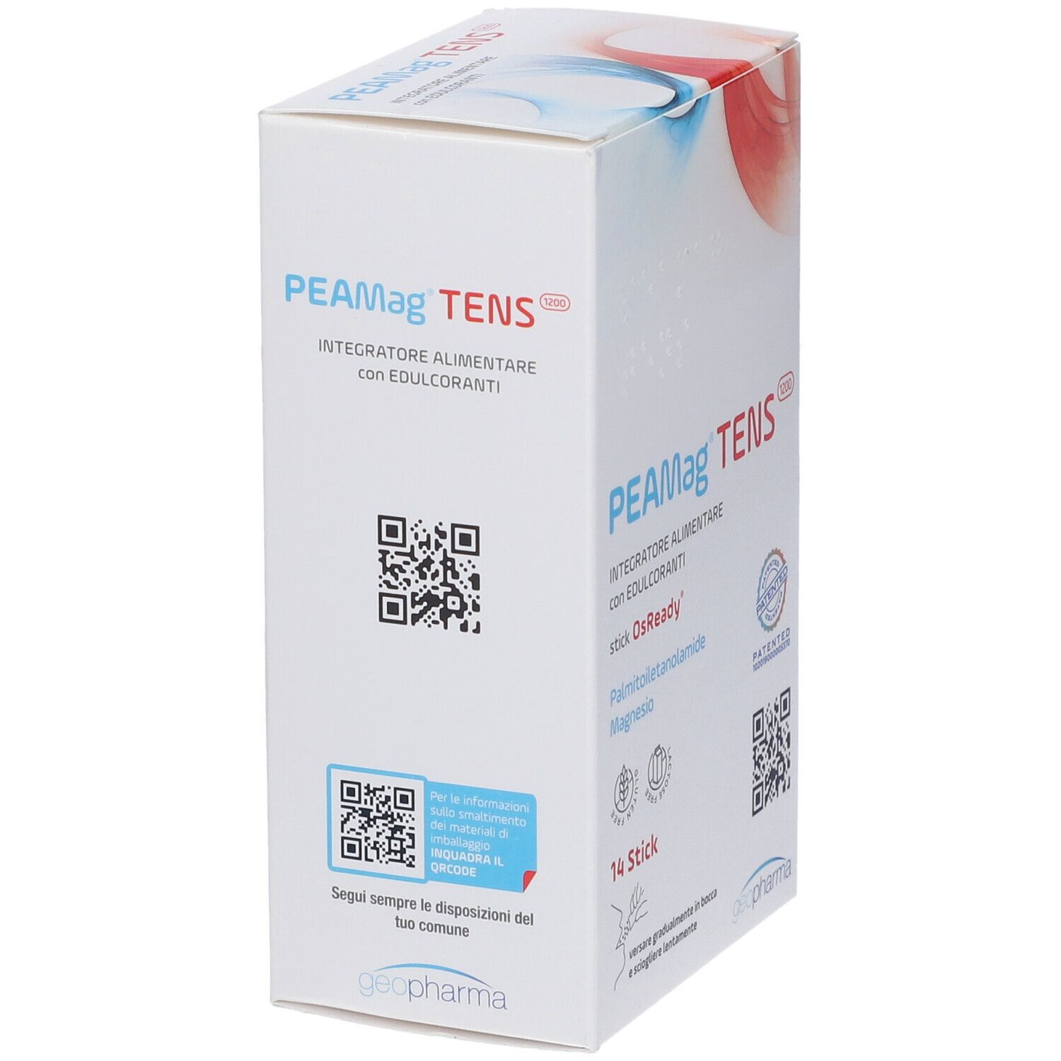 Scatola bianca con logo PEAMag TENS e informazioni sul prodotto. Codici QR e logo Geo Pharma.