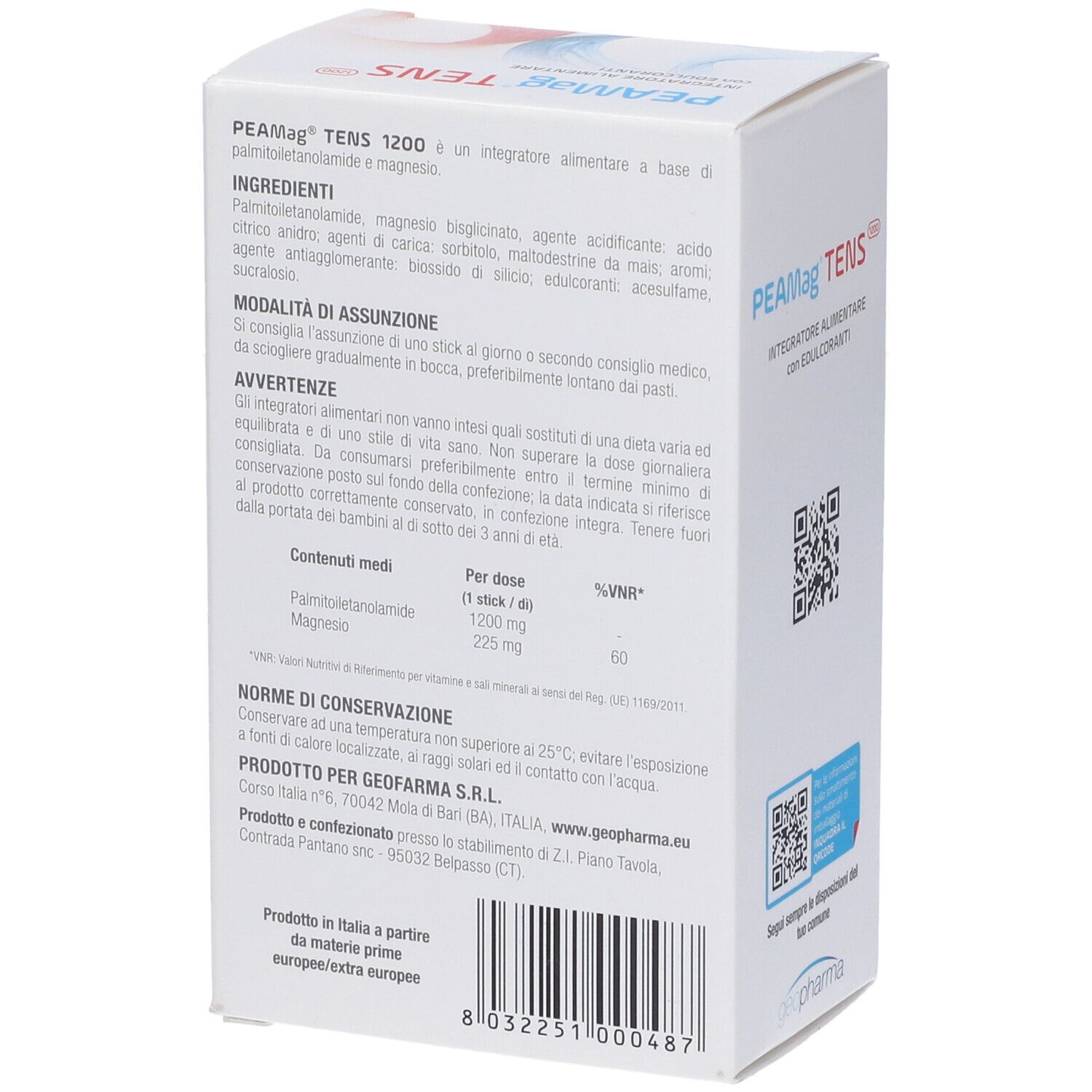 Retro della scatola bianca con informazioni sul prodotto PEAMag TENS. Ingredienti, dosaggio, avvertenze e logo Geo Pharma.