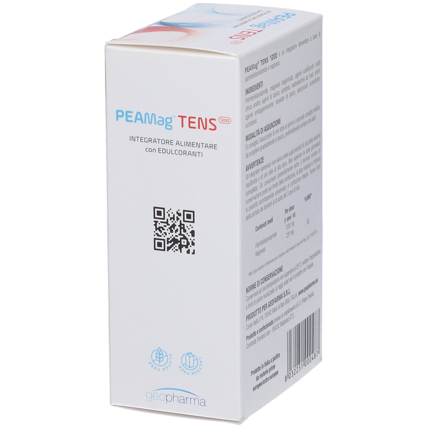 Scatola bianca con logo PEAMag TENS e informazioni sul prodotto. Codice QR e logo Geo Pharma.