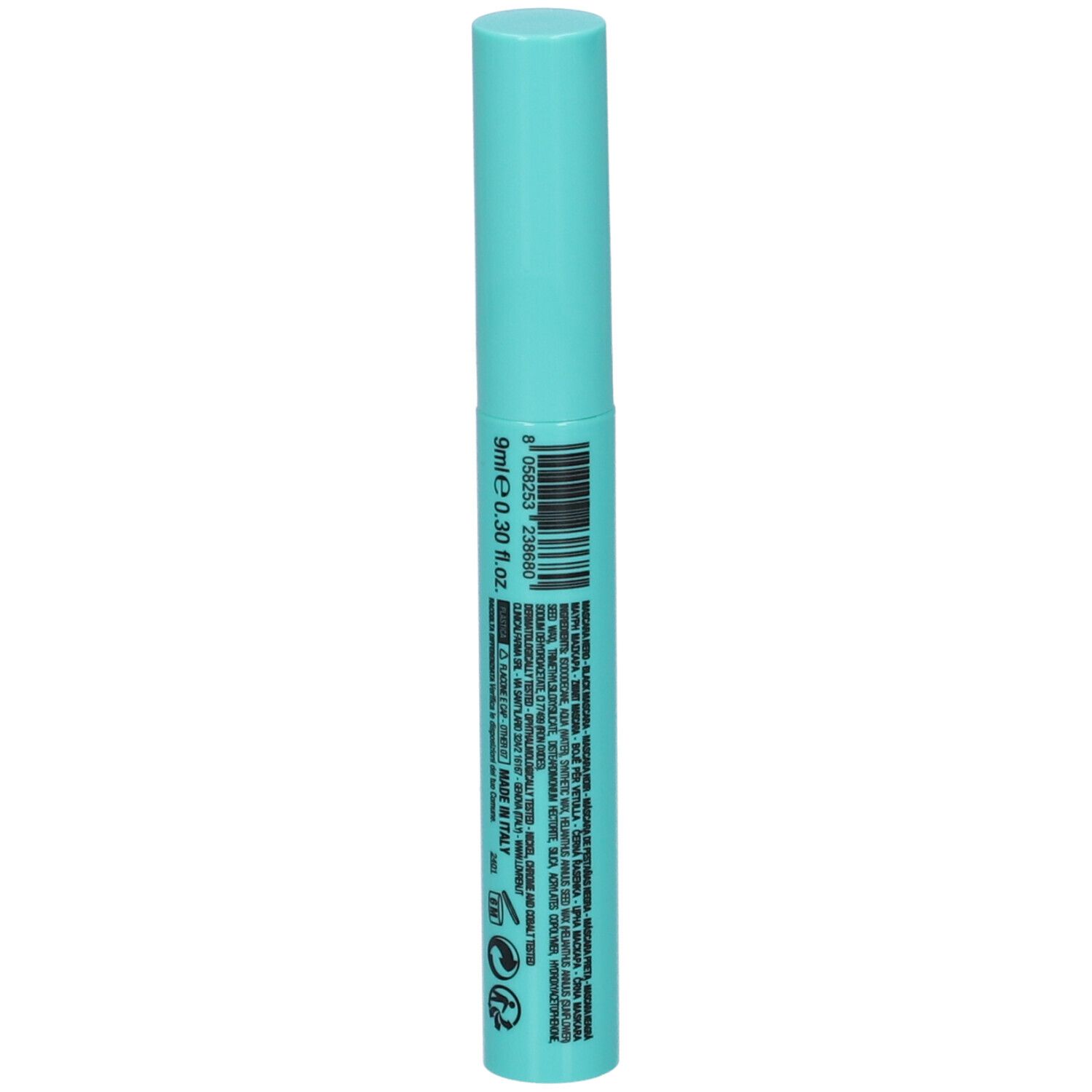 Türkiser Mascara-Tube mit schwarzem Aufdruck und Barcode. 9ml Inhalt.