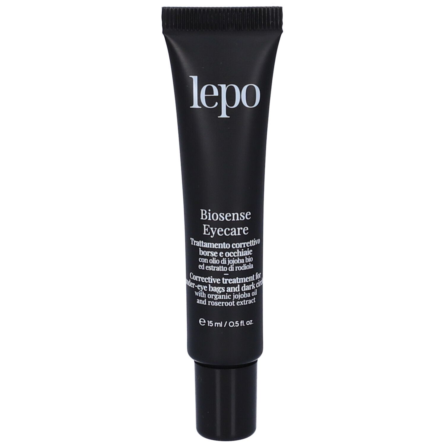 Tubo nero con scritta: lepo Biosense Eyecare. Trattamento correttivo borse e occhiaie.