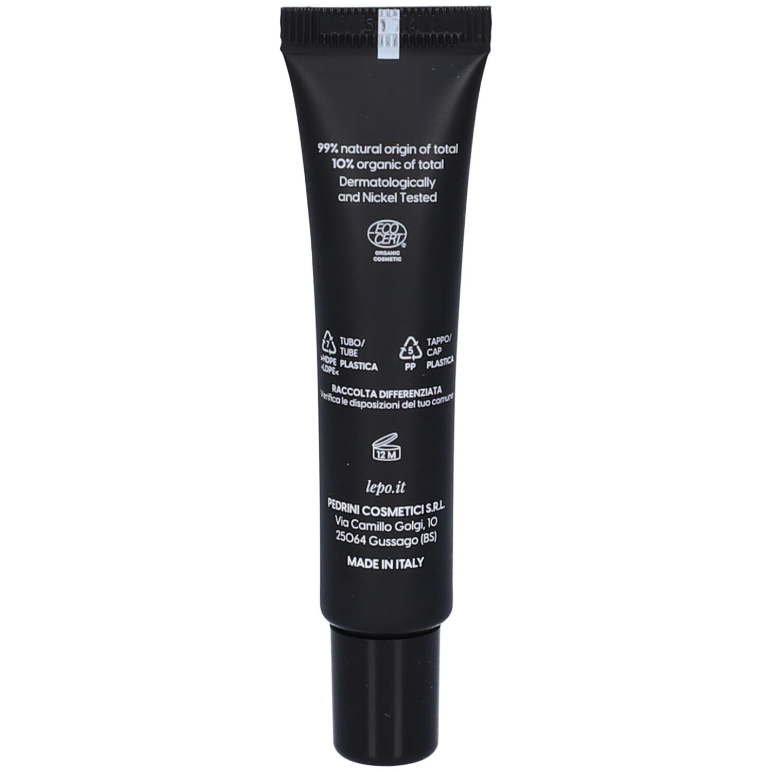 Retro del tubo nero. Testo: 99% ingredienti naturali, 10% bio. Dermatologicamente testato. Nickel tested.