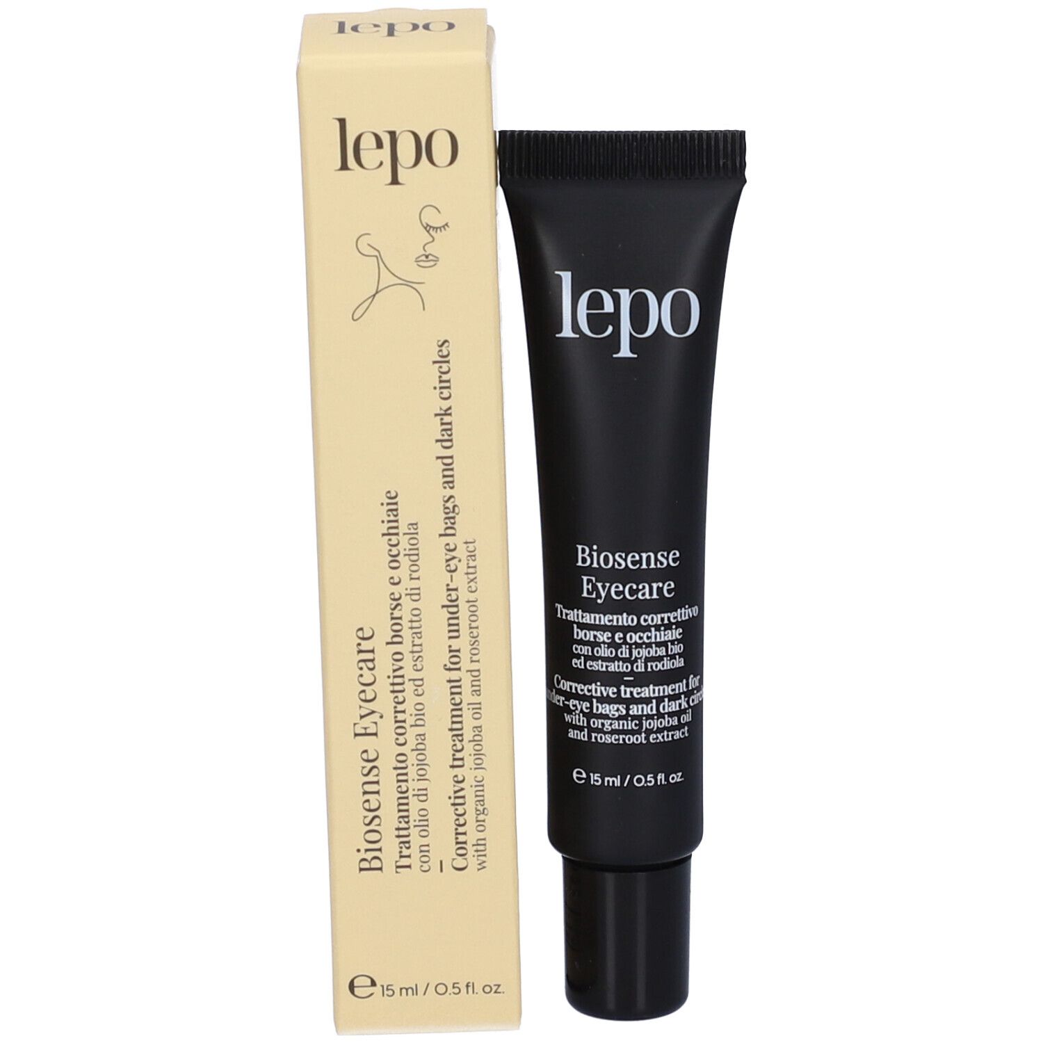 Tubo e confezione crema. Scritta: lepo Biosense Eyecare. Trattamento correttivo borse e occhiaie.