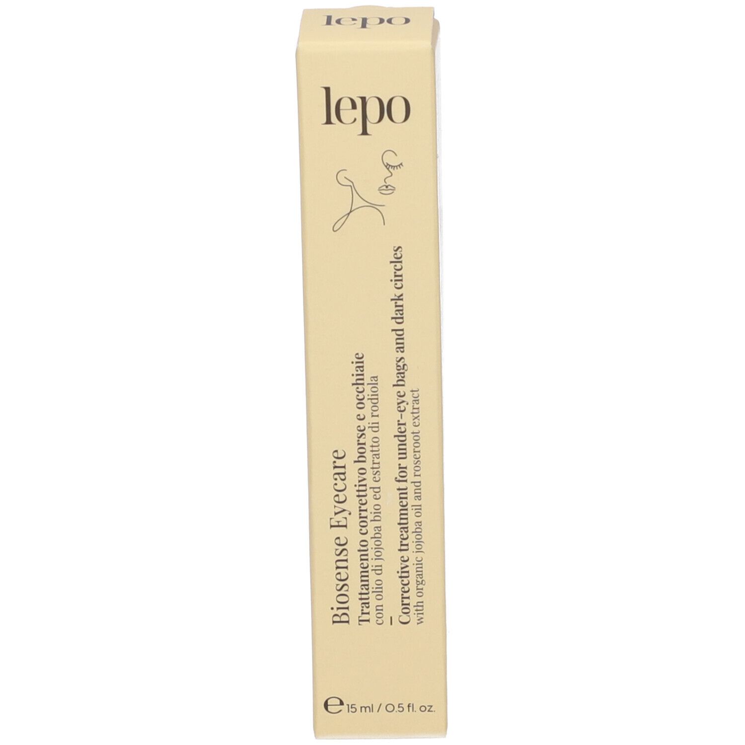 Confezione. Scritta: lepo Biosense Eyecare. Trattamento correttivo borse e occhiaie.