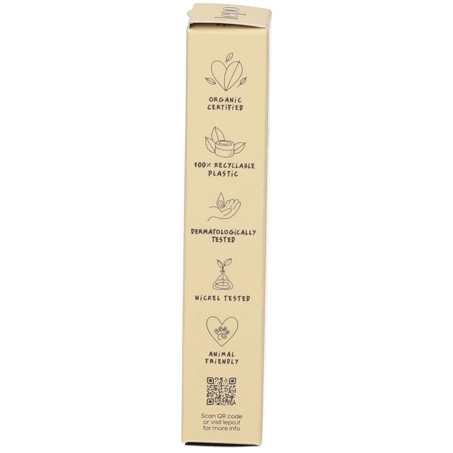 Confezione. Simboli: certificazione bio, plastica 100% riciclabile, dermatologicamente e nickel tested.