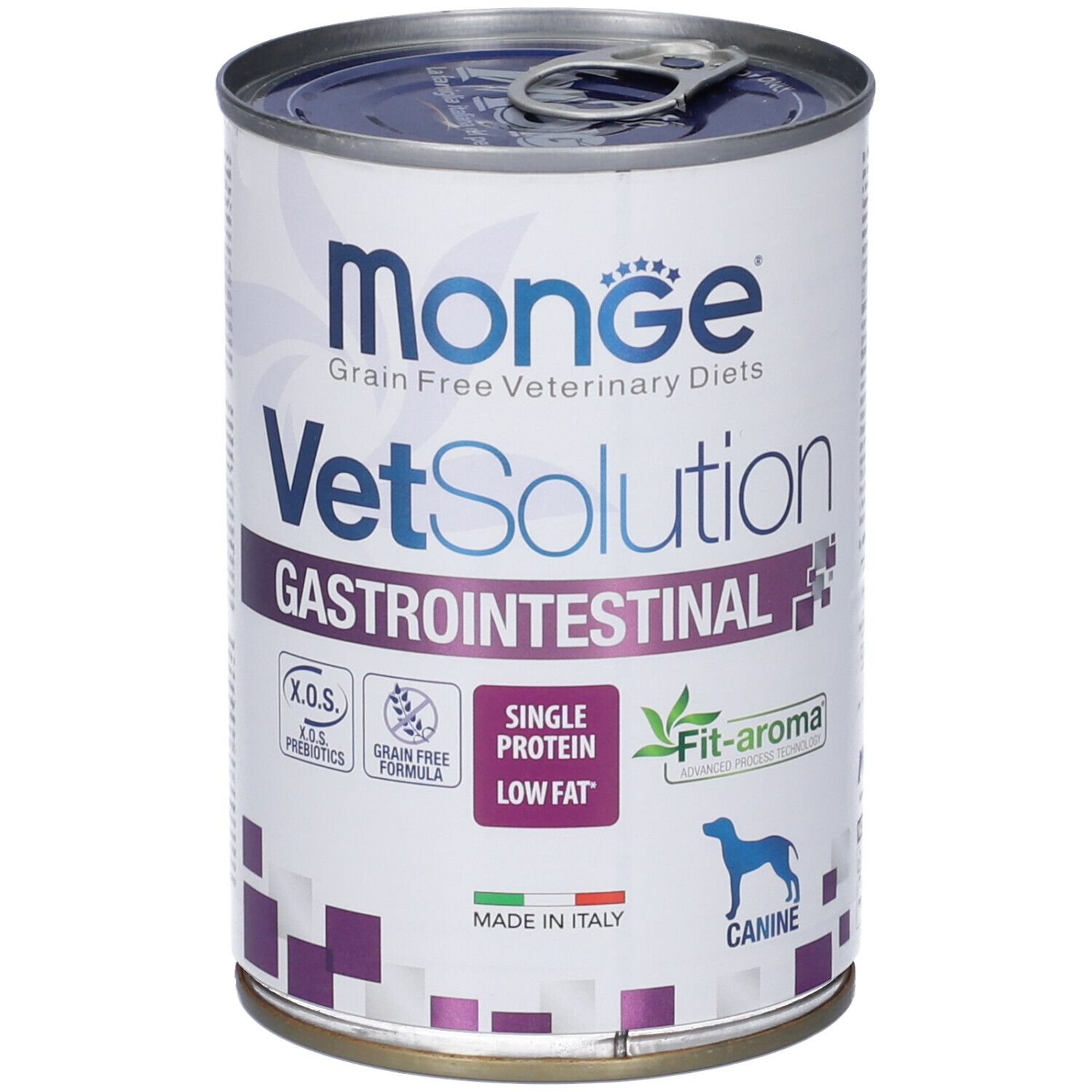 Lattina Monge Vetsolution Gastrointestinal Cani. Lattina con coperchio blu e bianco. Scritte: Monge, VetSolution, Gastrointestinal, Single Protein, Low Fat, Canine.