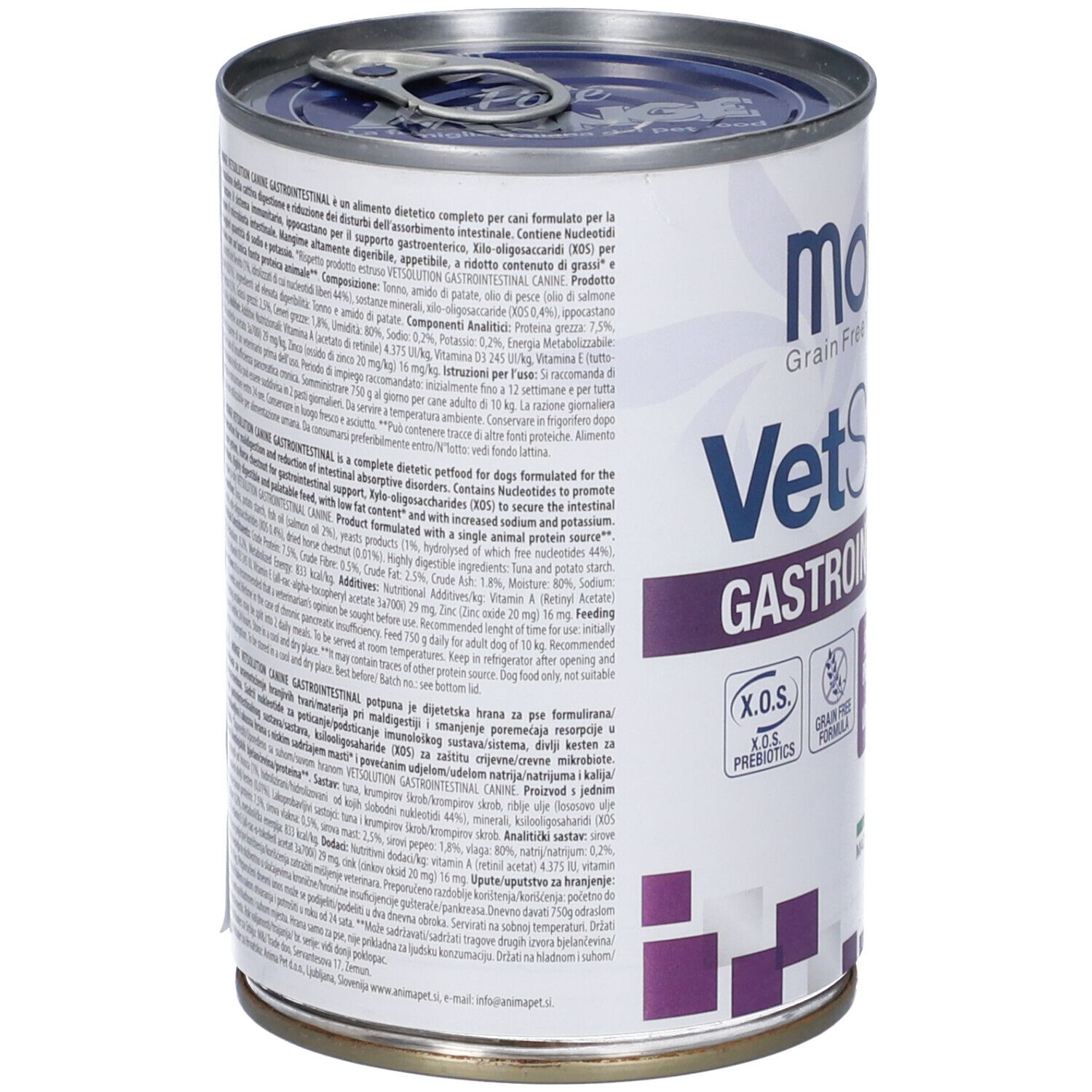 Lattina Monge Vetsolution Gastrointestinal Cani. Lattina con testo e informazioni nutrizionali. Coperchio blu e bianco. Scritte: Monge, VetSolution, Gastrointestinal.