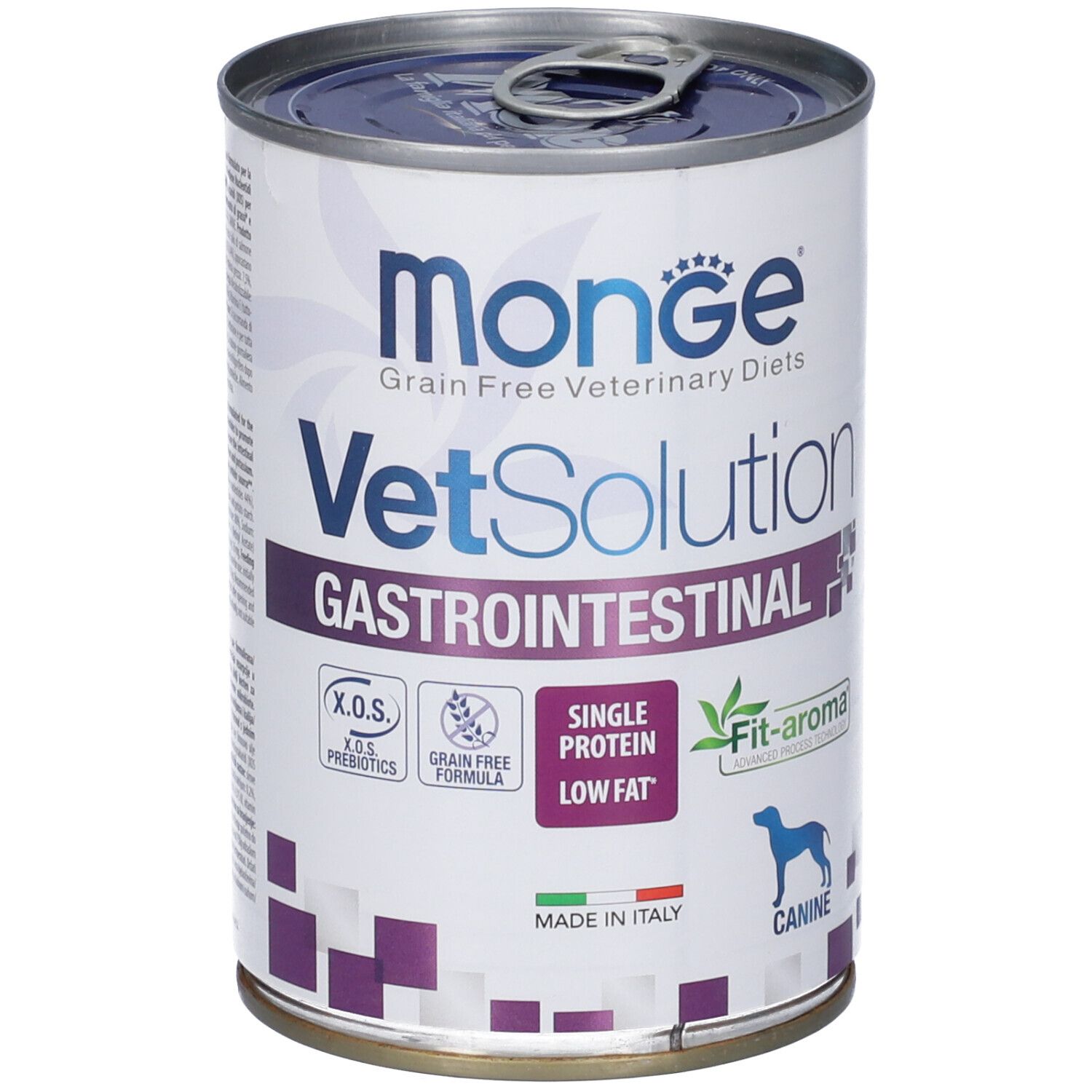 Lattina Monge Vetsolution Gastrointestinal Cani. Lattina con coperchio blu e bianco. Scritte: Monge, VetSolution, Gastrointestinal, Single Protein, Low Fat, Canine.