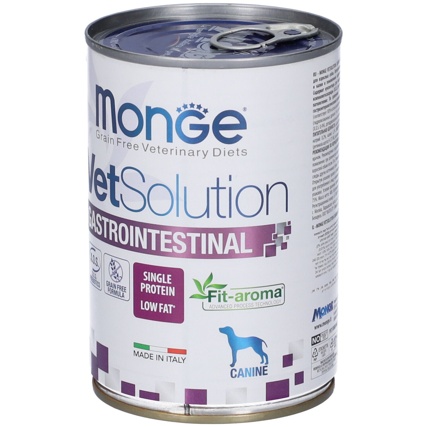 Lattina Monge Vetsolution Gastrointestinal Cani. Lattina con coperchio blu e bianco. Scritte: Monge, VetSolution, Gastrointestinal, Single Protein, Low Fat, Canine.