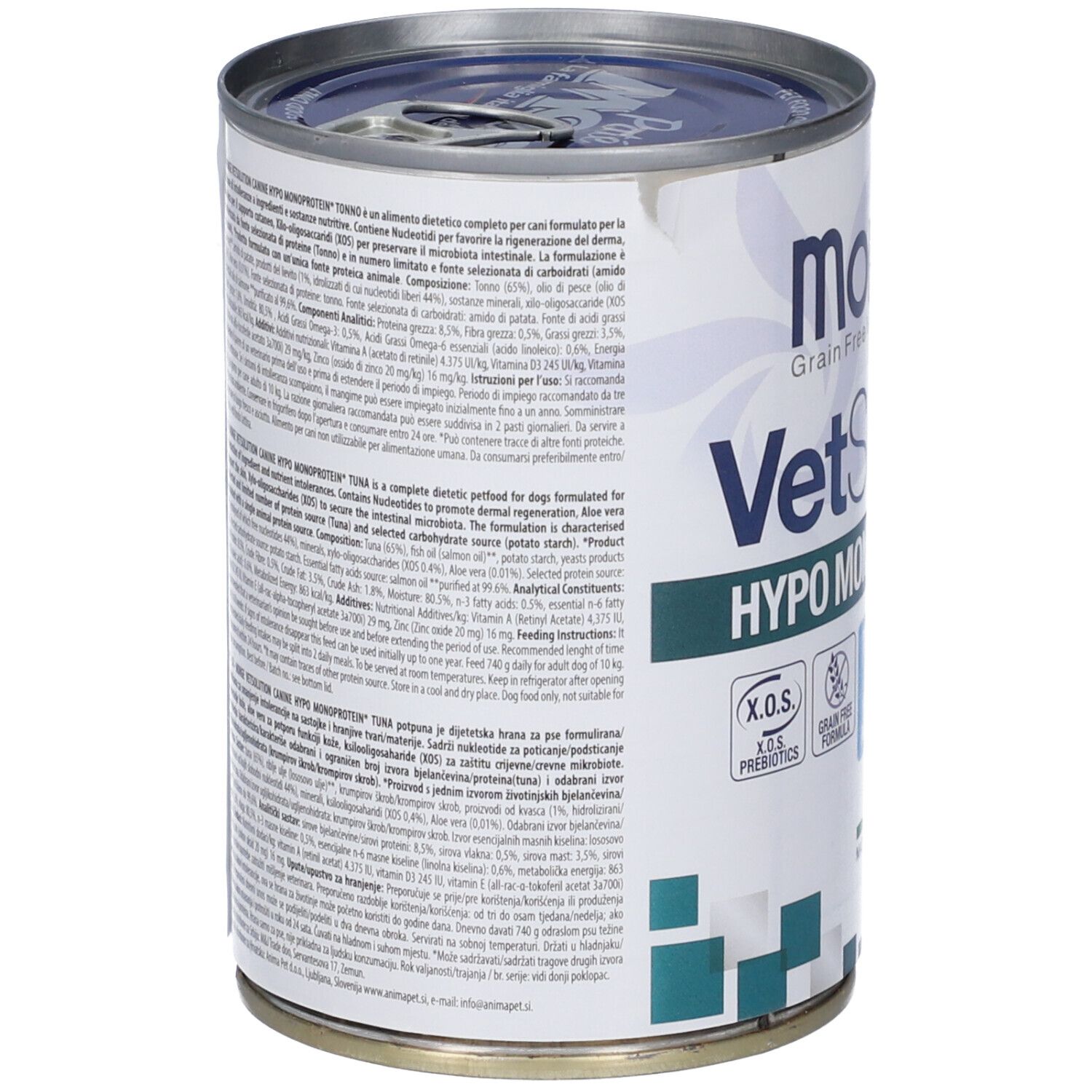 Lattina Monge Vetsolution Hypo Monoprotein Tonno Cani. Lattina con testo sul lato. Contiene informazioni su ingredienti e valori nutrizionali.
