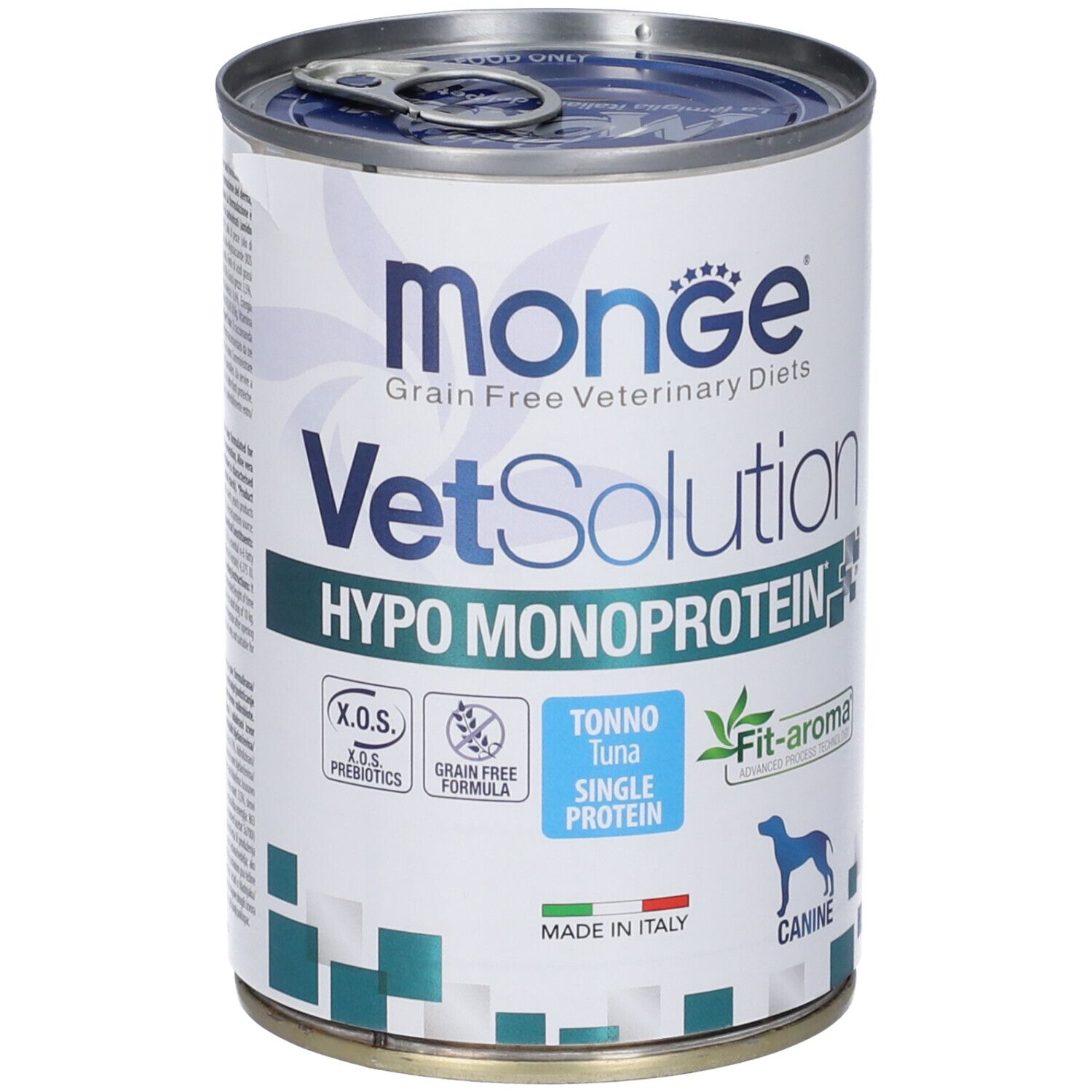 Lattina Monge Vetsolution Hypo Monoprotein Tonno Cani. Lattina blu e bianca con logo e nome del prodotto. Contiene testo su ingredienti e origine.