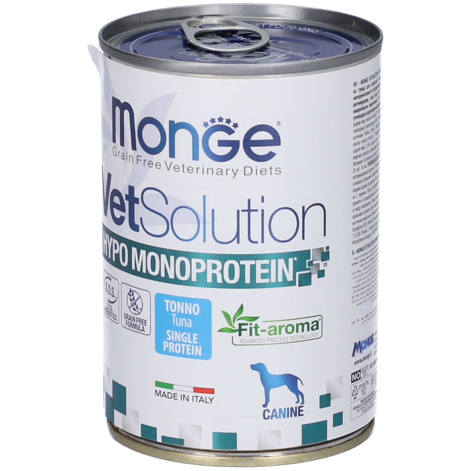 Lattina Monge Vetsolution Hypo Monoprotein Tonno Cani. Lattina con testo sul lato. Contiene informazioni su ingredienti e valori nutrizionali.