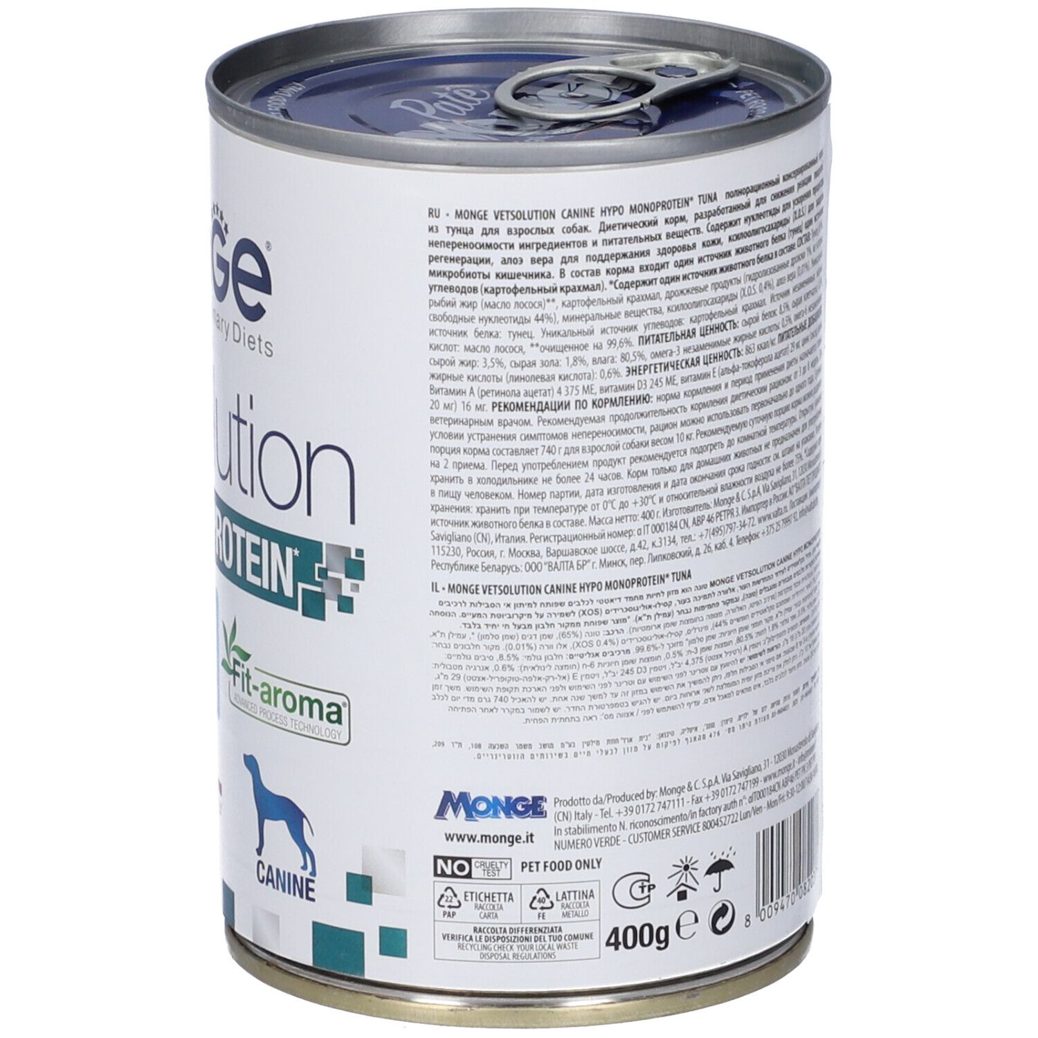 Lattina Monge Vetsolution Hypo Monoprotein Tonno Cani. Lattina con testo sul lato. Contiene informazioni su ingredienti e valori nutrizionali.