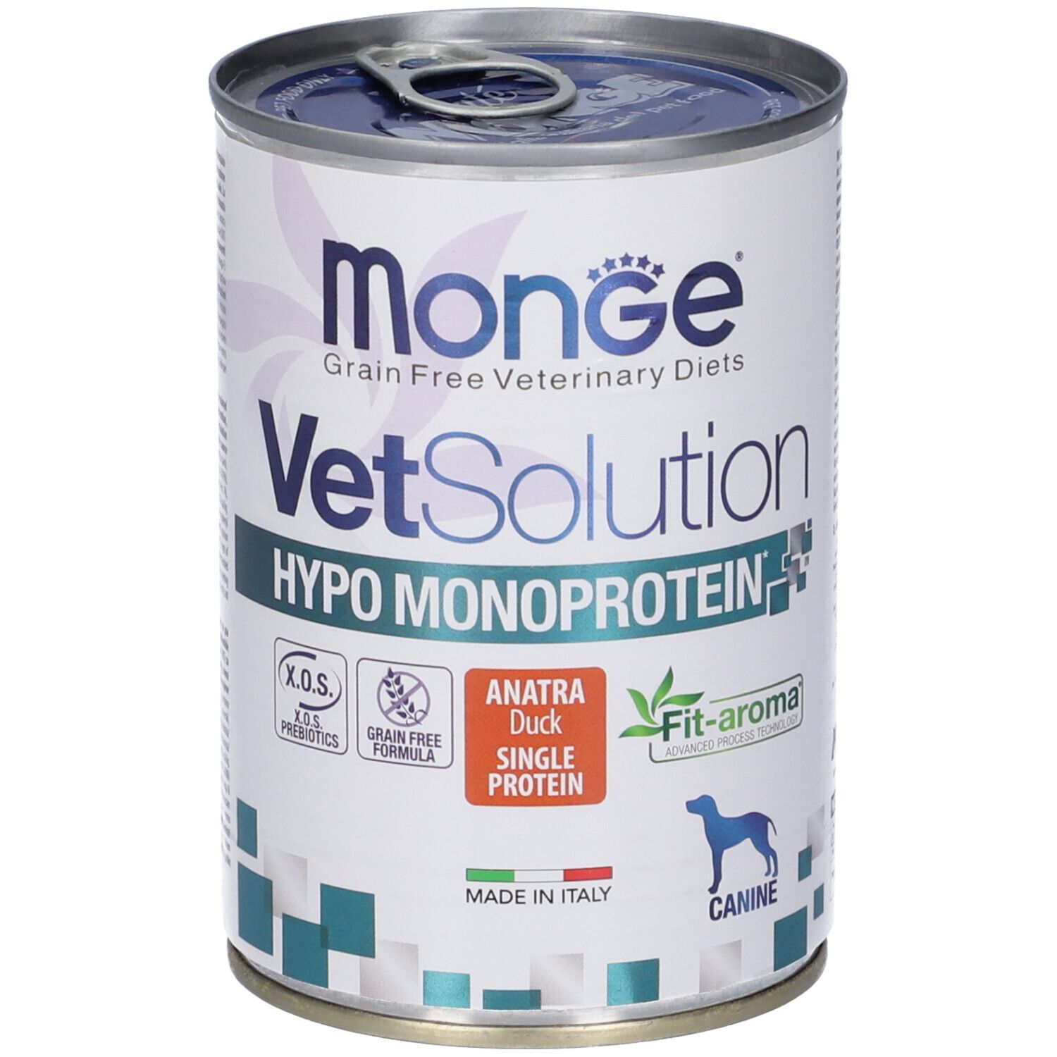 Monge Vetsolution Hypo Monoprotein Anatra Cani. Lattina con etichetta. Testo: Grain Free, Hypo Monoprotein, Anatra Duck Single Protein, Canine. Prodotto in Italia.