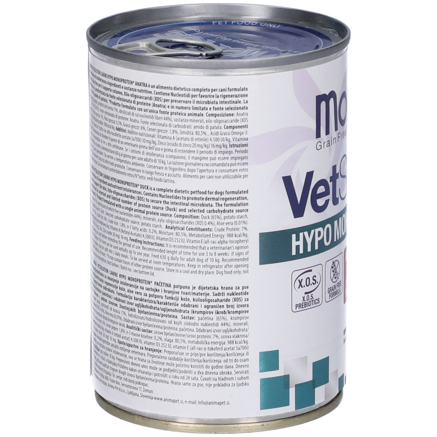 Monge Vetsolution Hypo Monoprotein Anatra Cani. Lattina con testo. Testo: Hypo Monoprotein, Anatra Duck Single Protein. Retro con informazioni nutrizionali.