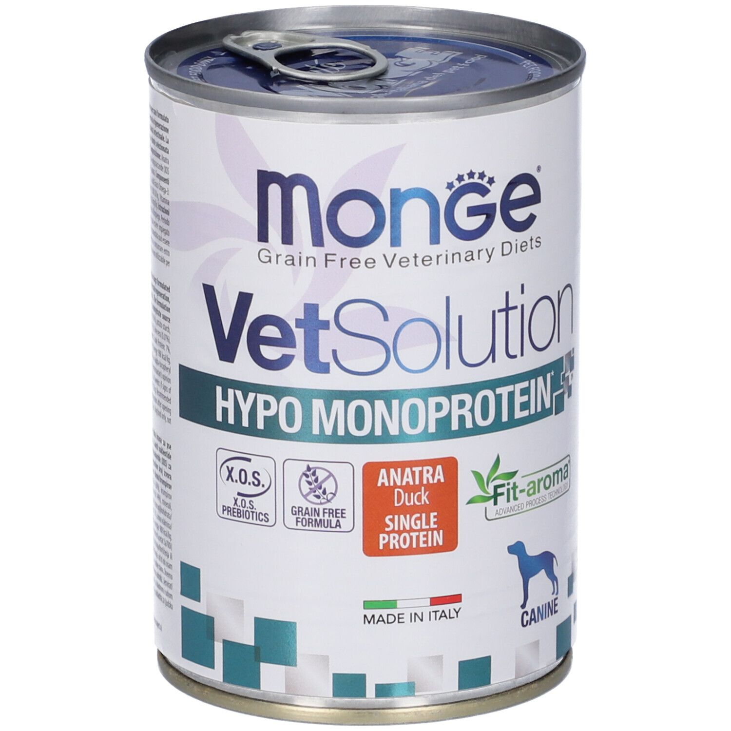 Monge Vetsolution Hypo Monoprotein Anatra Cani. Lattina con etichetta. Testo: Grain Free, Hypo Monoprotein, Anatra Duck Single Protein, Canine. Prodotto in Italia.