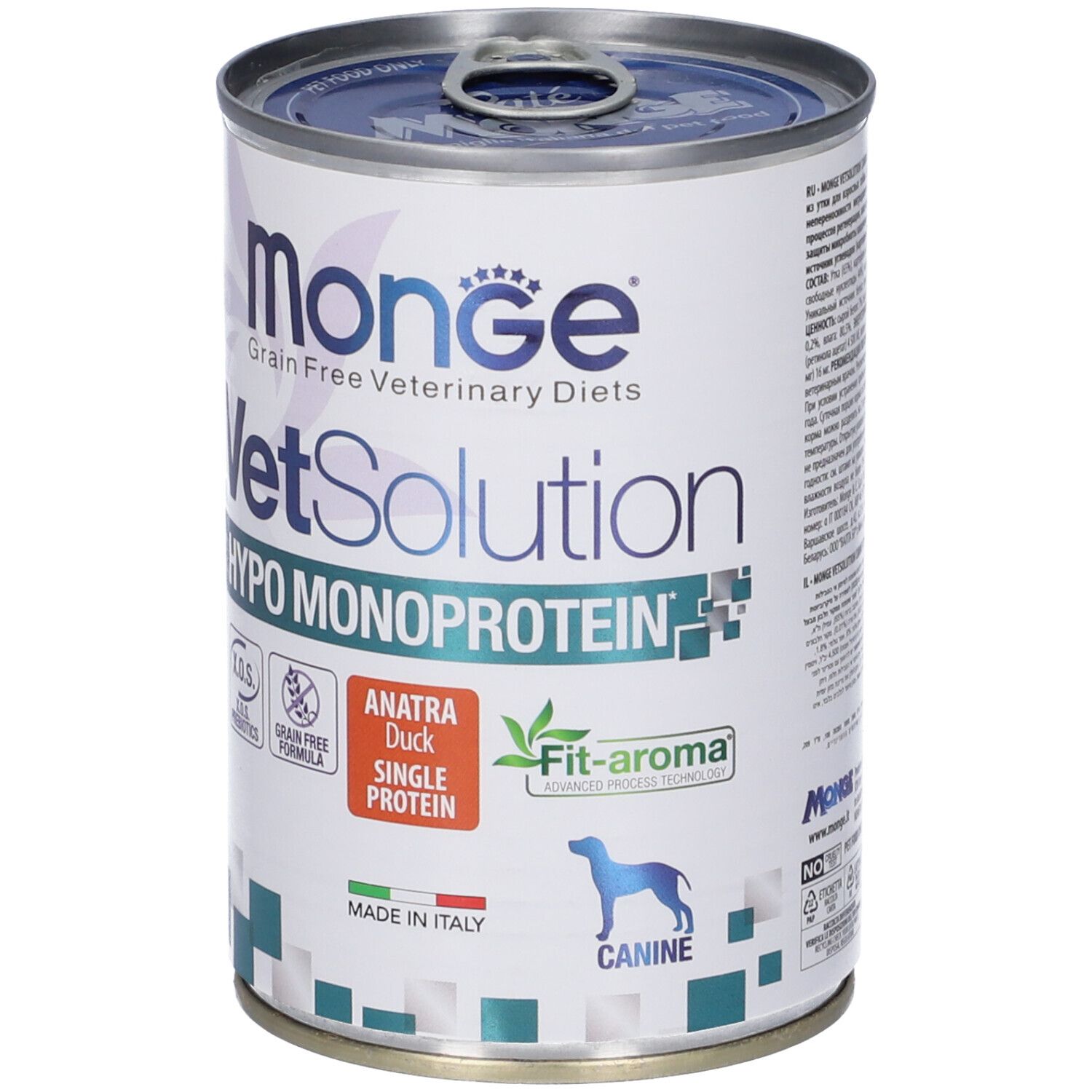 Monge Vetsolution Hypo Monoprotein Anatra Cani. Lattina con etichetta. Testo: Grain Free, Hypo Monoprotein, Anatra Duck Single Protein, Canine. Prodotto in Italia.