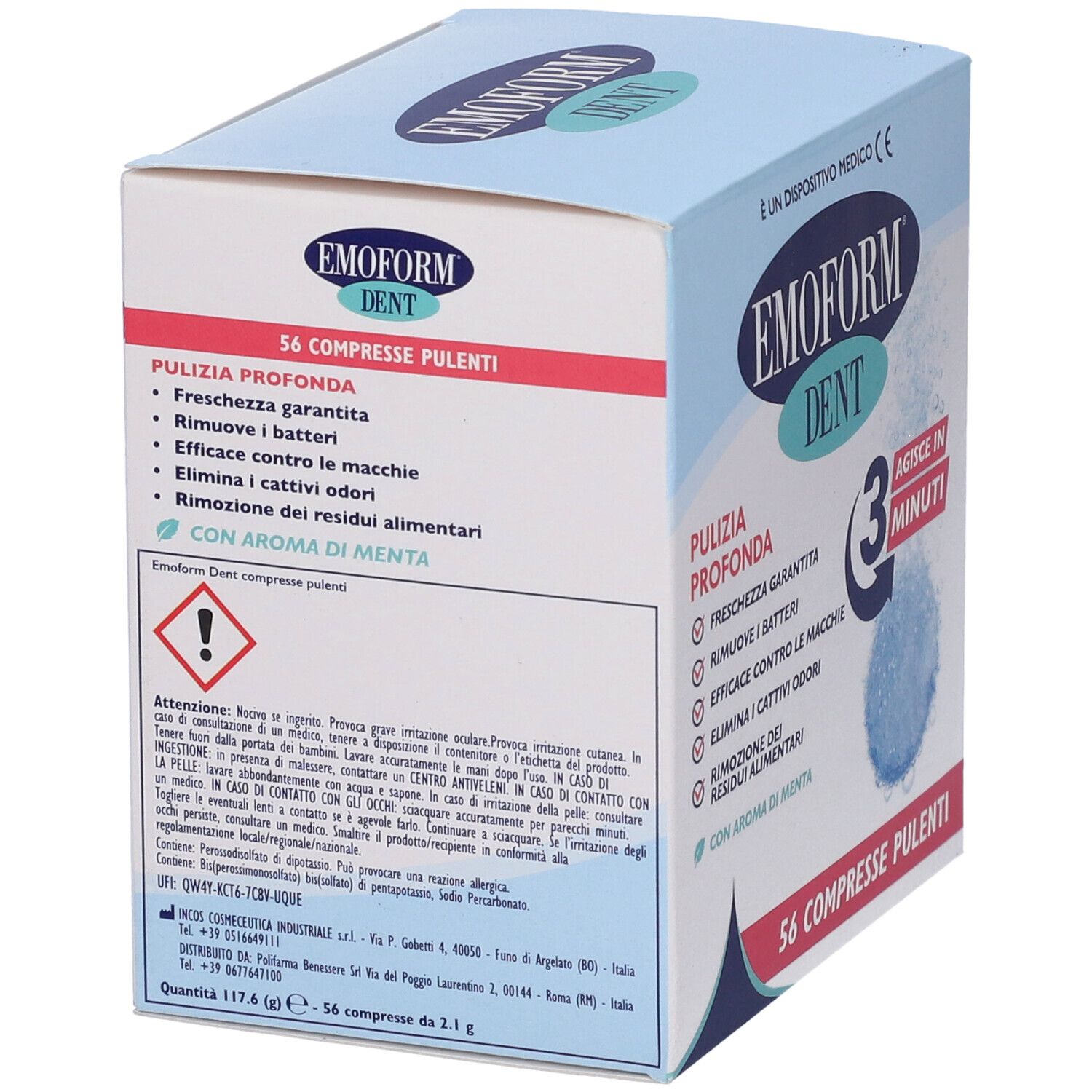 Schachtel Emoform Dent. Text: 56 Compresse Pulenti, Pulizia Profonda, Warnhinweis. Rückseite mit Text und Inhaltsstoffen.