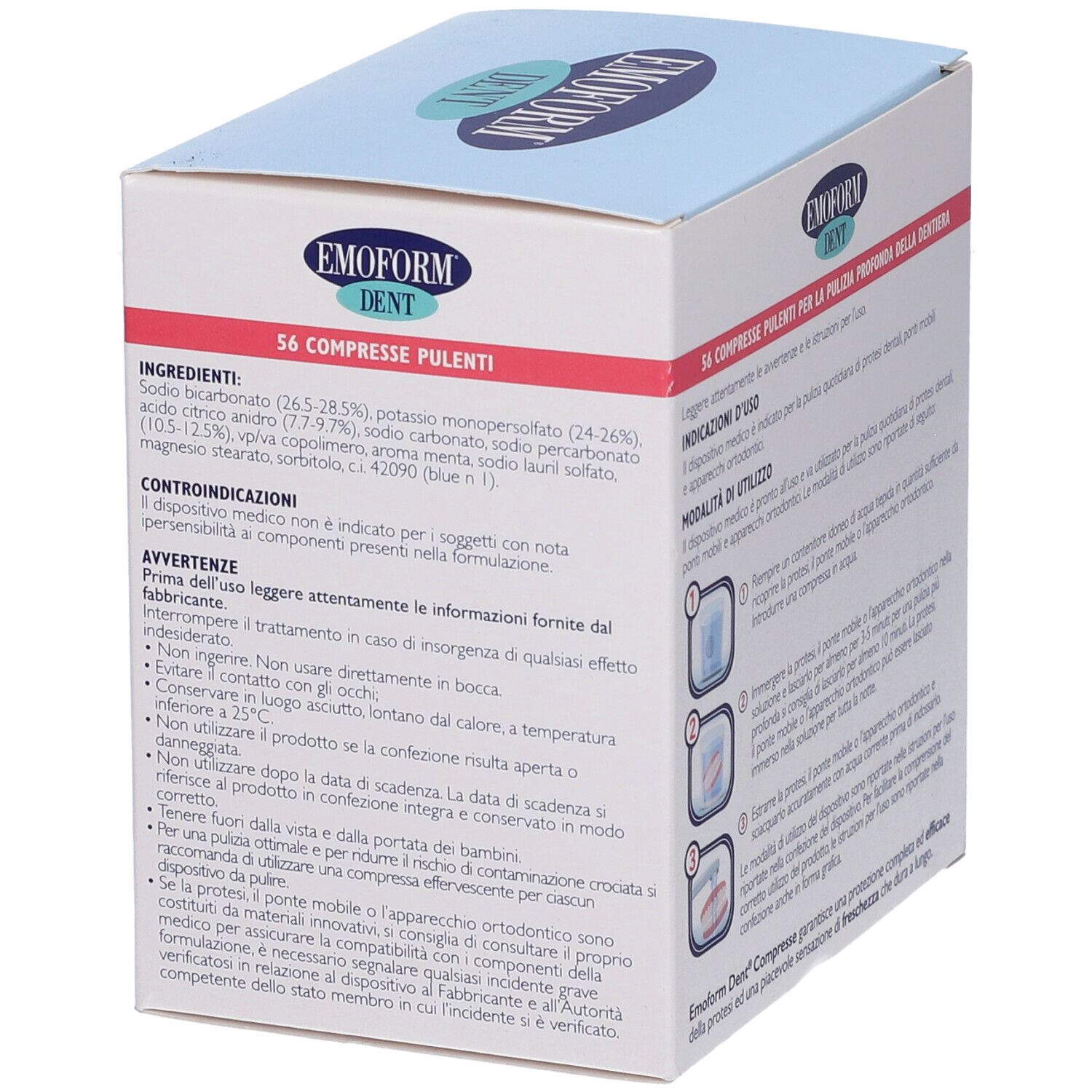 Schachtel Emoform Dent. Rückseite mit Inhaltsstoffen und Warnhinweisen. Text: 56 Compresse Pulenti.
