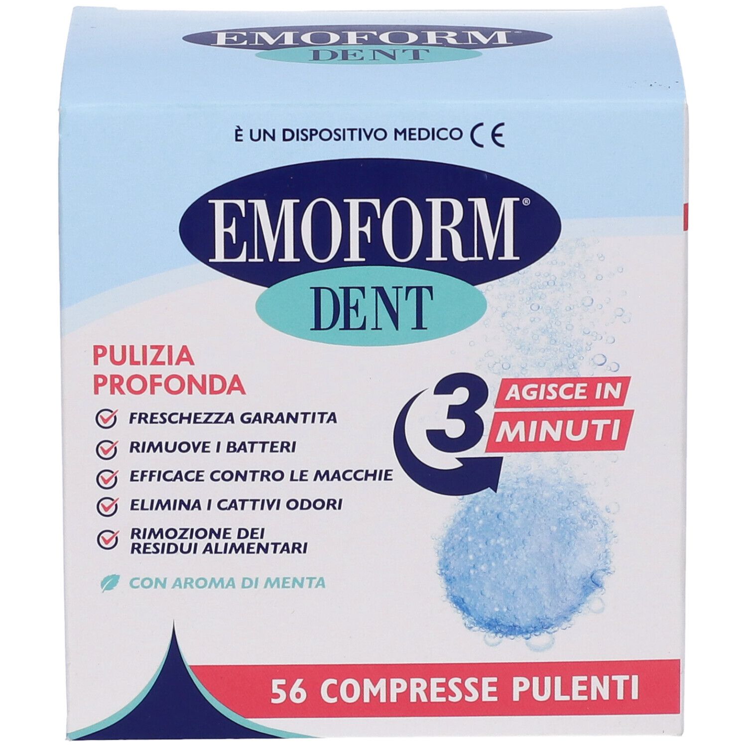 Schachtel Emoform Dent. Blaue Tabletten, 56 Stück. Text: Pulizia Profonda, Agisce in 3 minuti, mit Minzgeschmack.