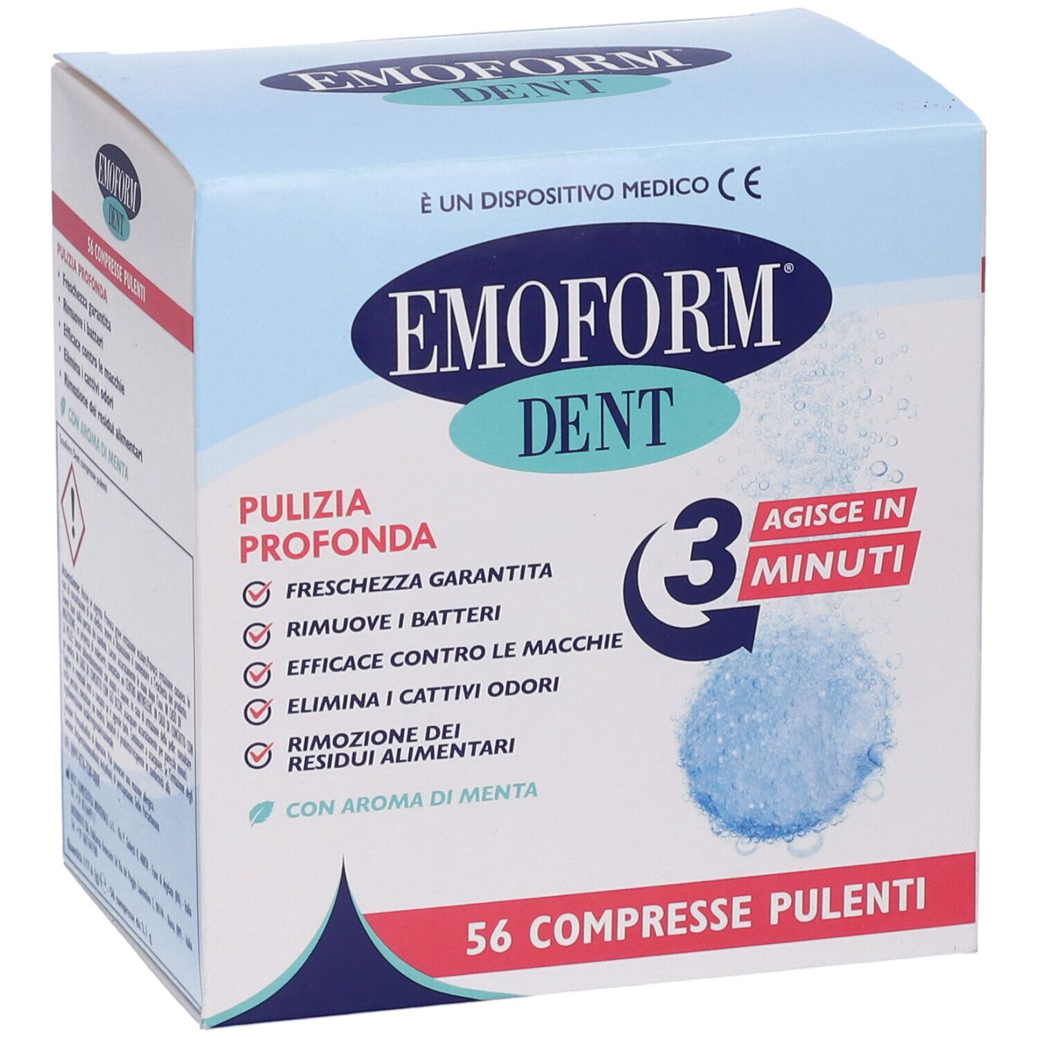 Schachtel Emoform Dent. Blaue Tabletten, 56 Stück. Text: Pulizia Profonda, Agisce in 3 minuti, mit Minzgeschmack.