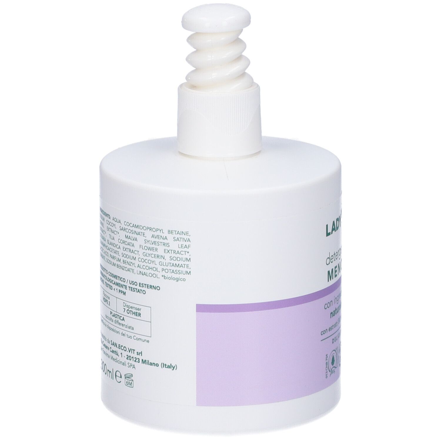 Weiße Flasche mit Pumpspender, Etikett mit Inhaltsstoffen und Produktinformationen.
