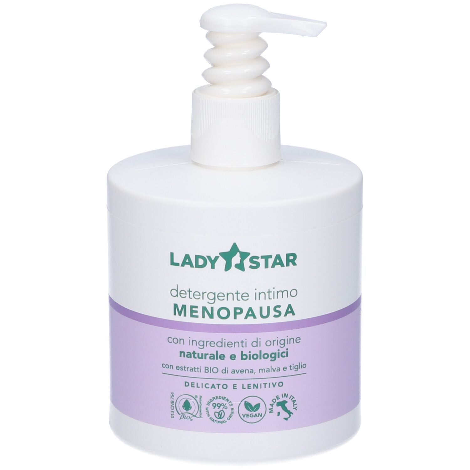 Lady Star Intimreiniger Menopausa mit Pumpzerstäuber. Weiße Flasche mit lila Band.