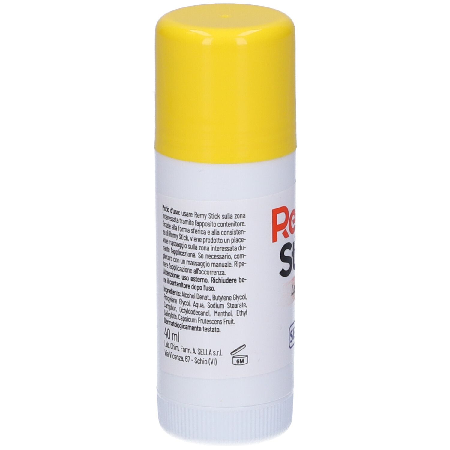 Weißer Stick mit gelbem Deckel. Aufschrift: Remy Stick Lenitivo, Sella. Text auf der Rückseite.