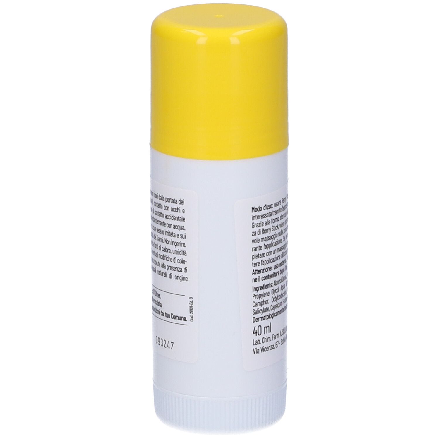 Weißer Stick mit gelbem Deckel. Aufschrift: Remy Stick Lenitivo, Sella. Text auf der Rückseite.