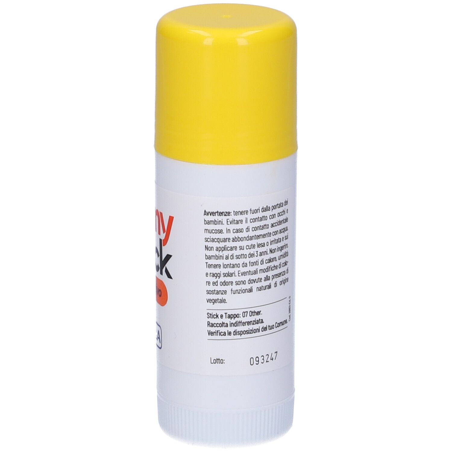 Weißer Stick mit gelbem Deckel. Aufschrift: Remy Stick Lenitivo, Sella. Text auf der Rückseite.