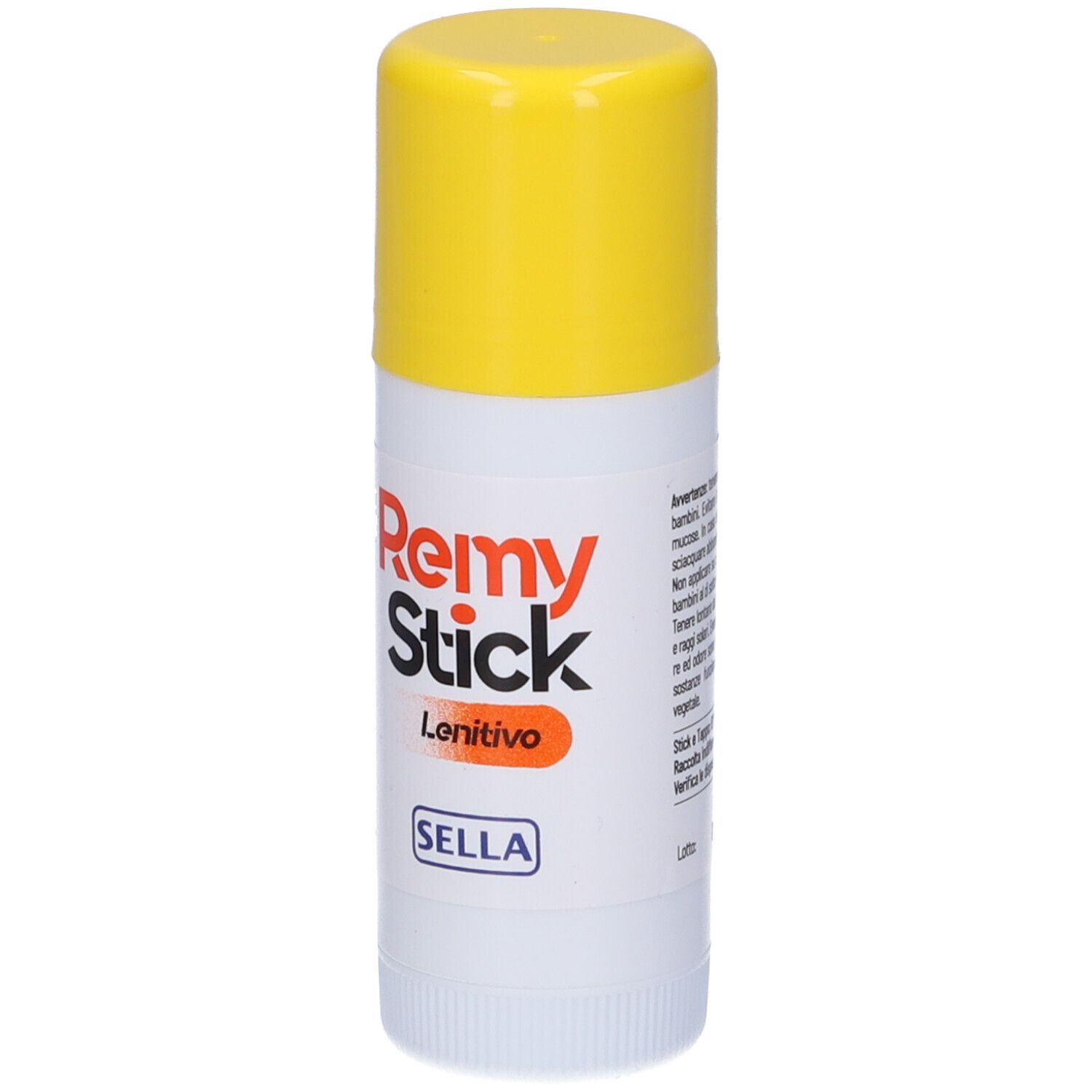Weißer Stick mit gelbem Deckel. Aufschrift: Remy Stick Lenitivo, Sella.
