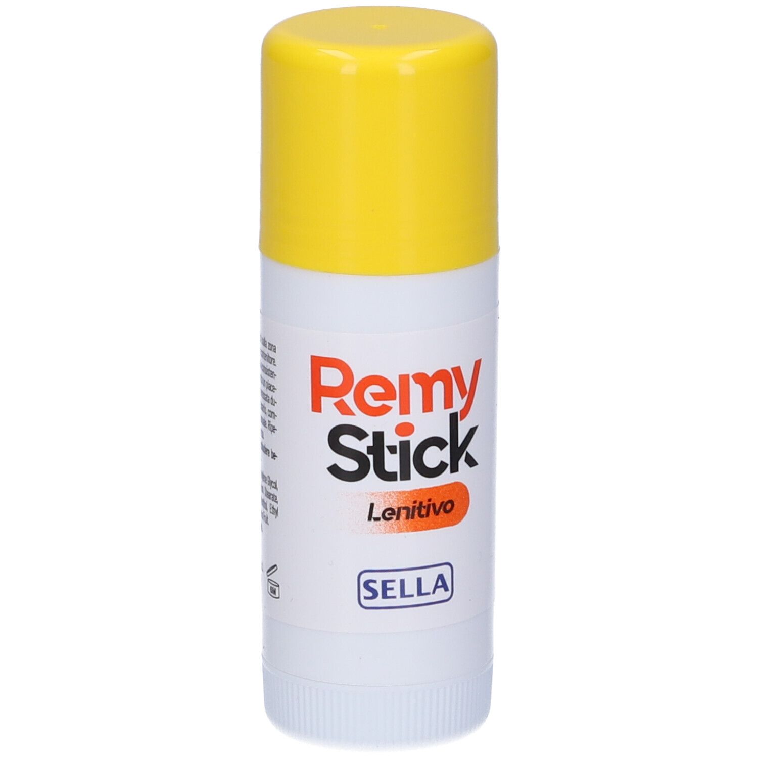 Weißer Stick mit gelbem Deckel. Aufschrift: Remy Stick Lenitivo, Sella.