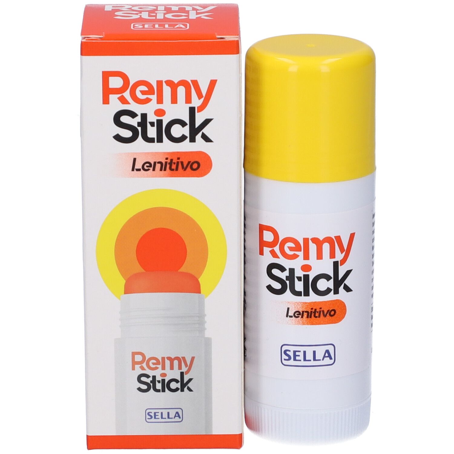 Produkt und Verpackung. Weißer Stick mit gelbem Deckel und Karton. Aufschrift: Remy Stick Lenitivo, Sella.