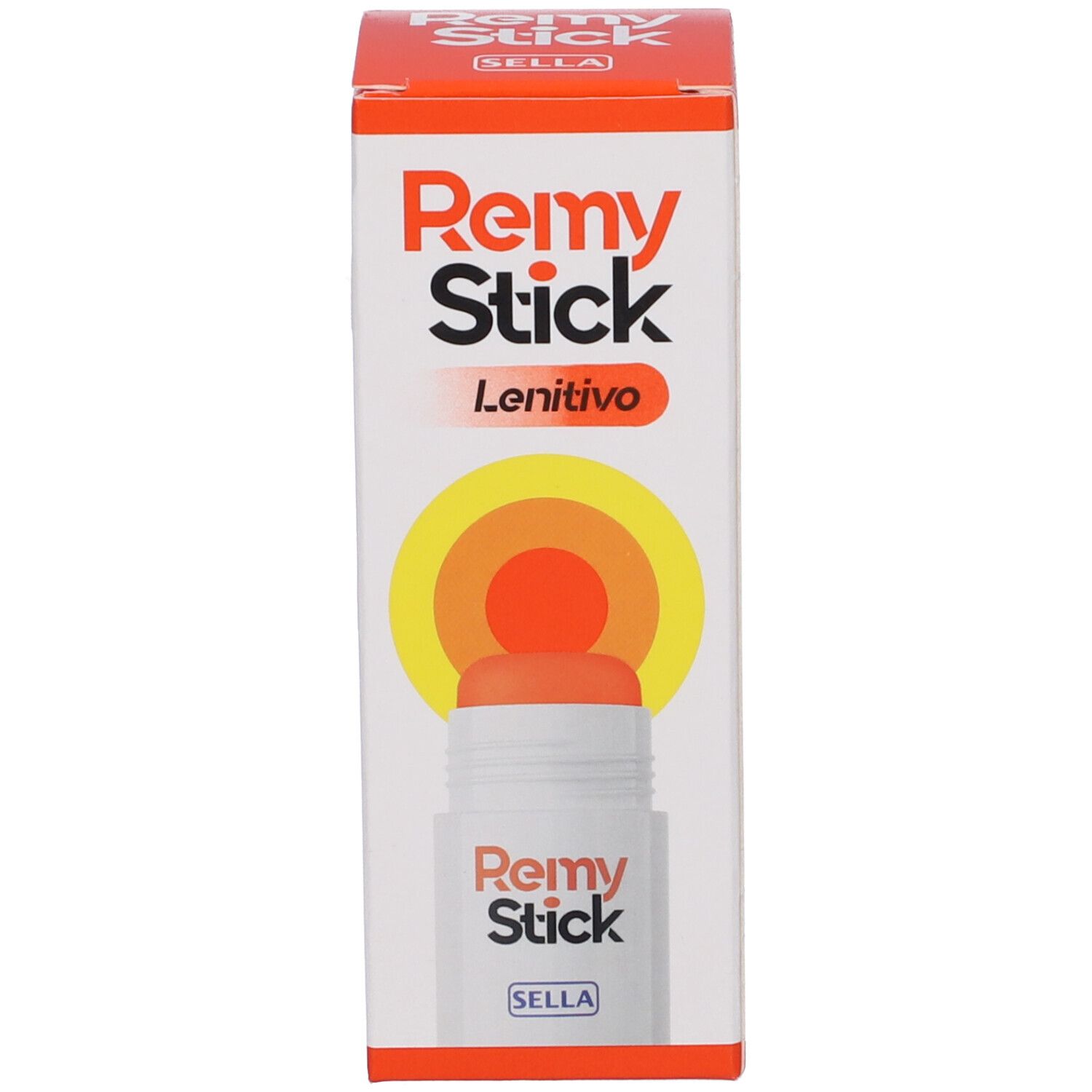 Produkt und Verpackung. Weißer Stick mit gelbem Deckel und Karton. Aufschrift: Remy Stick Lenitivo, Sella.