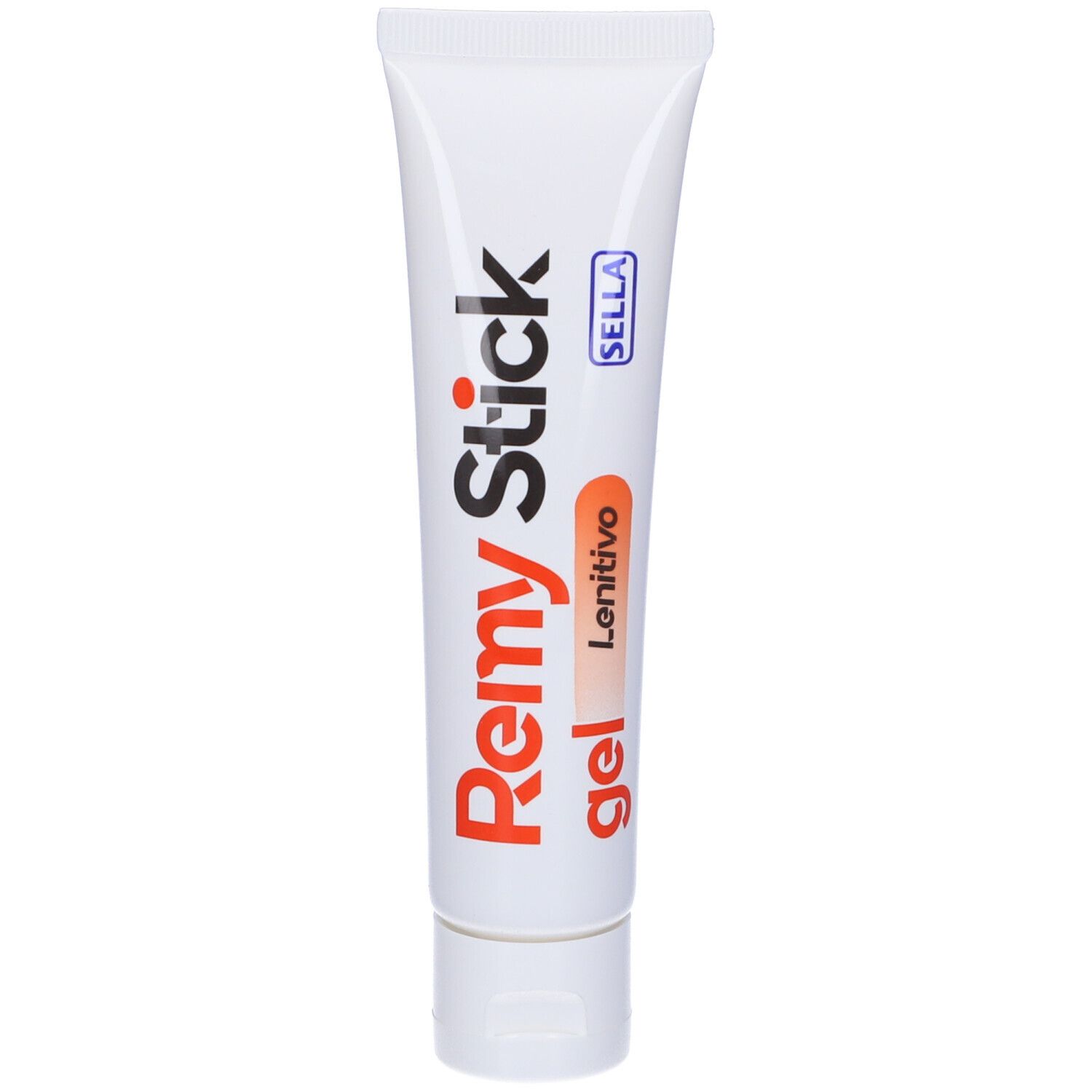 Tube blanc avec texte rouge Remy Stick gel, Lonitivo en dessous. Marque Sella.