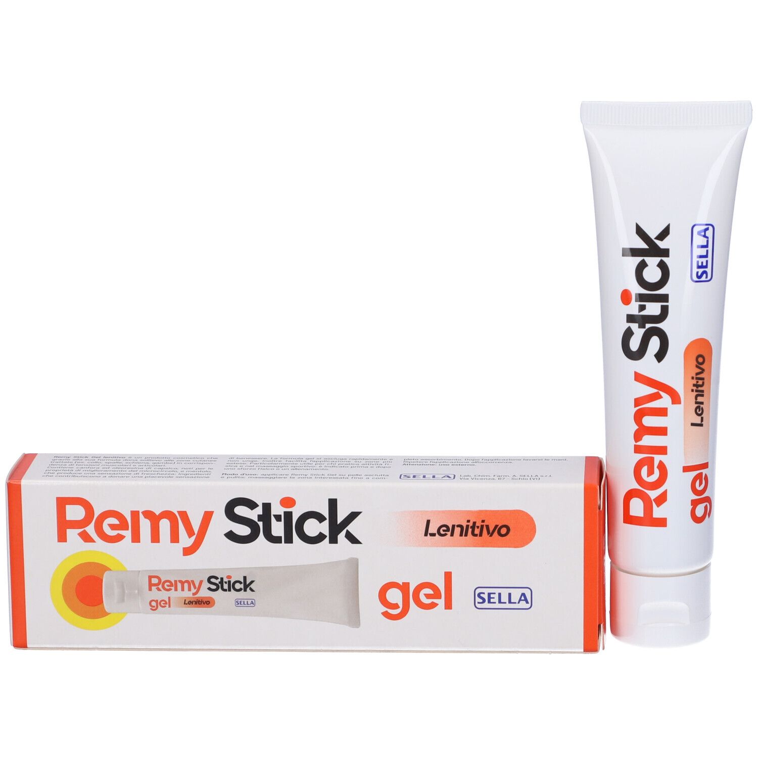 Tube blanc et boîte. Inscription Remy Stick gel, Lonitivo. Marque Sella. Boîte avec image du produit.