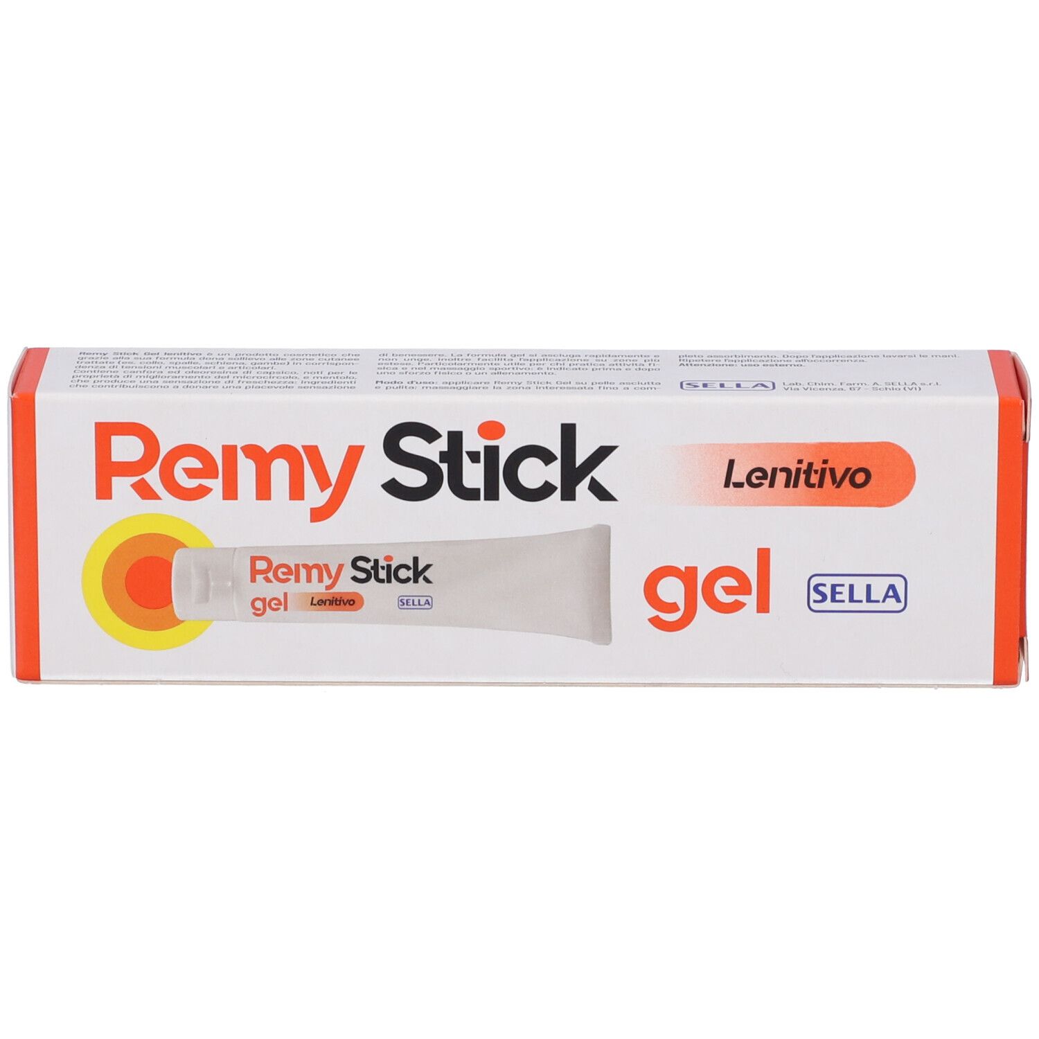 Boîte blanche avec texte rouge Remy Stick gel, Lonitivo. Marque Sella. Image du produit.