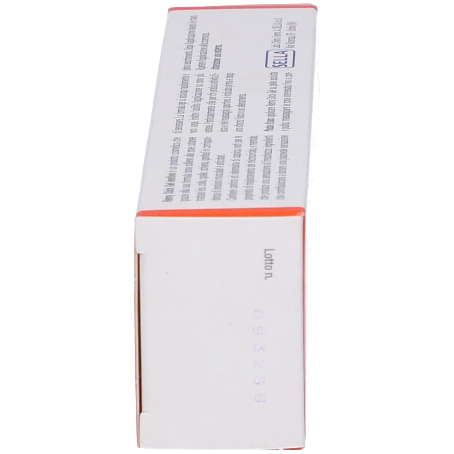 Vue latérale de la boîte. Surface rouge avec texte Remy Stick gel, marque Sella. Texte en italien.