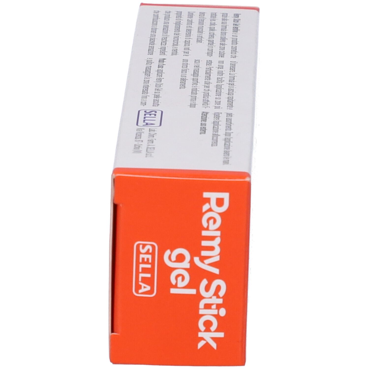 Vue latérale de la boîte. Surface rouge avec texte Remy Stick gel, marque Sella. Texte en italien.
